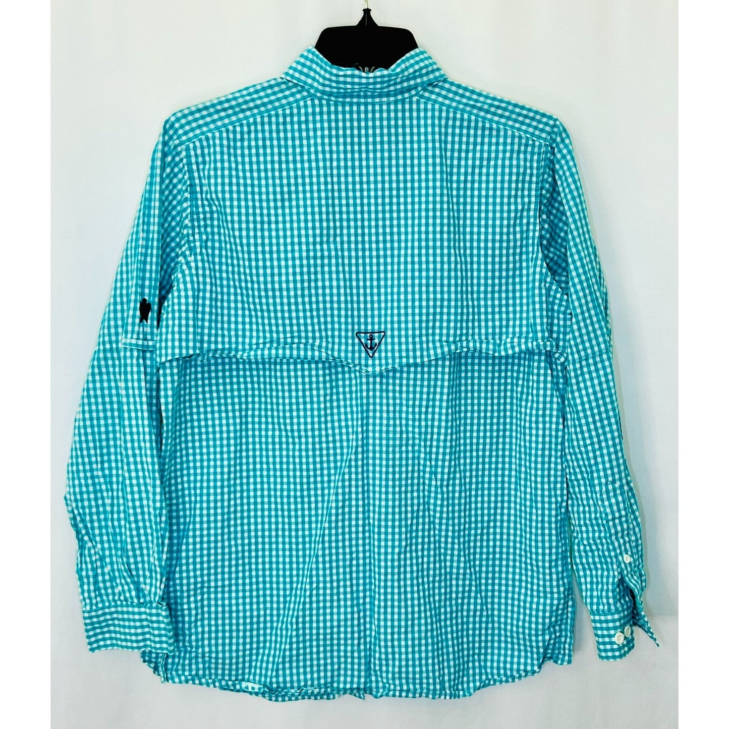 Simply Southern Button Down Shirt Mens Small Teal Green Plaid Logo Collared L/S
