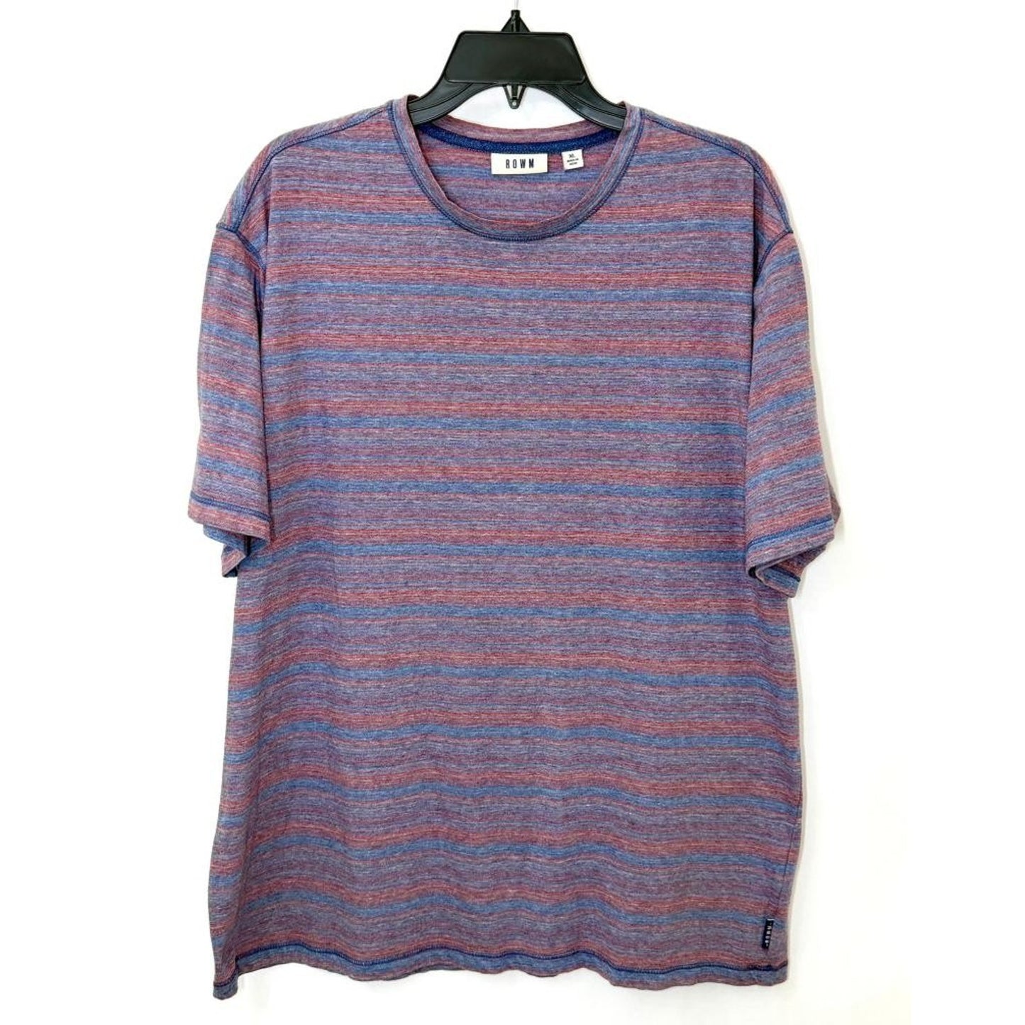 ROWM Striped T-Shirt Mens XL Blue Red Heathered Crew Neck Short Sleeve Cotton