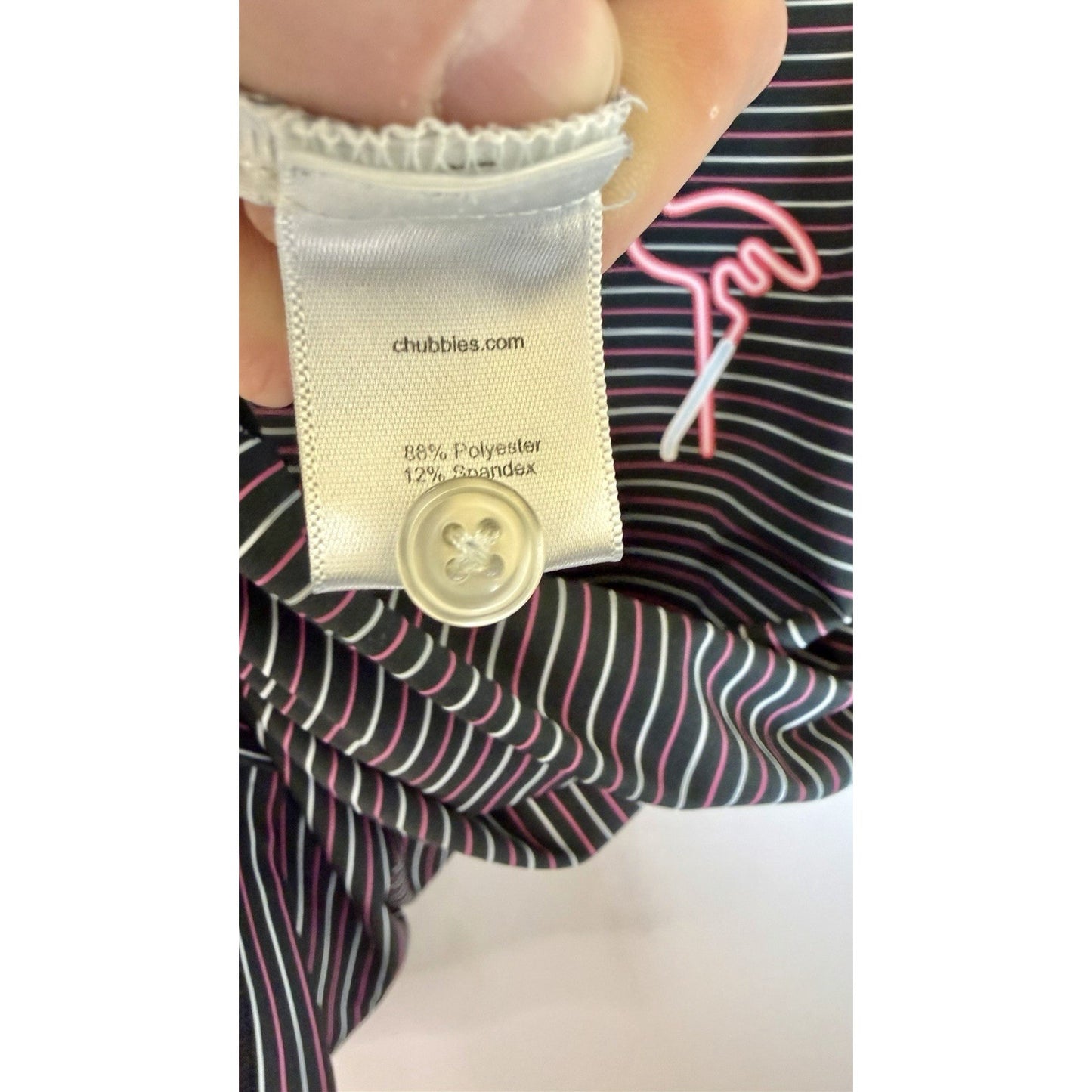 Chubbies Performance Golf Polo Shirt Navy Blue Striped Flamingo Mens M Medium