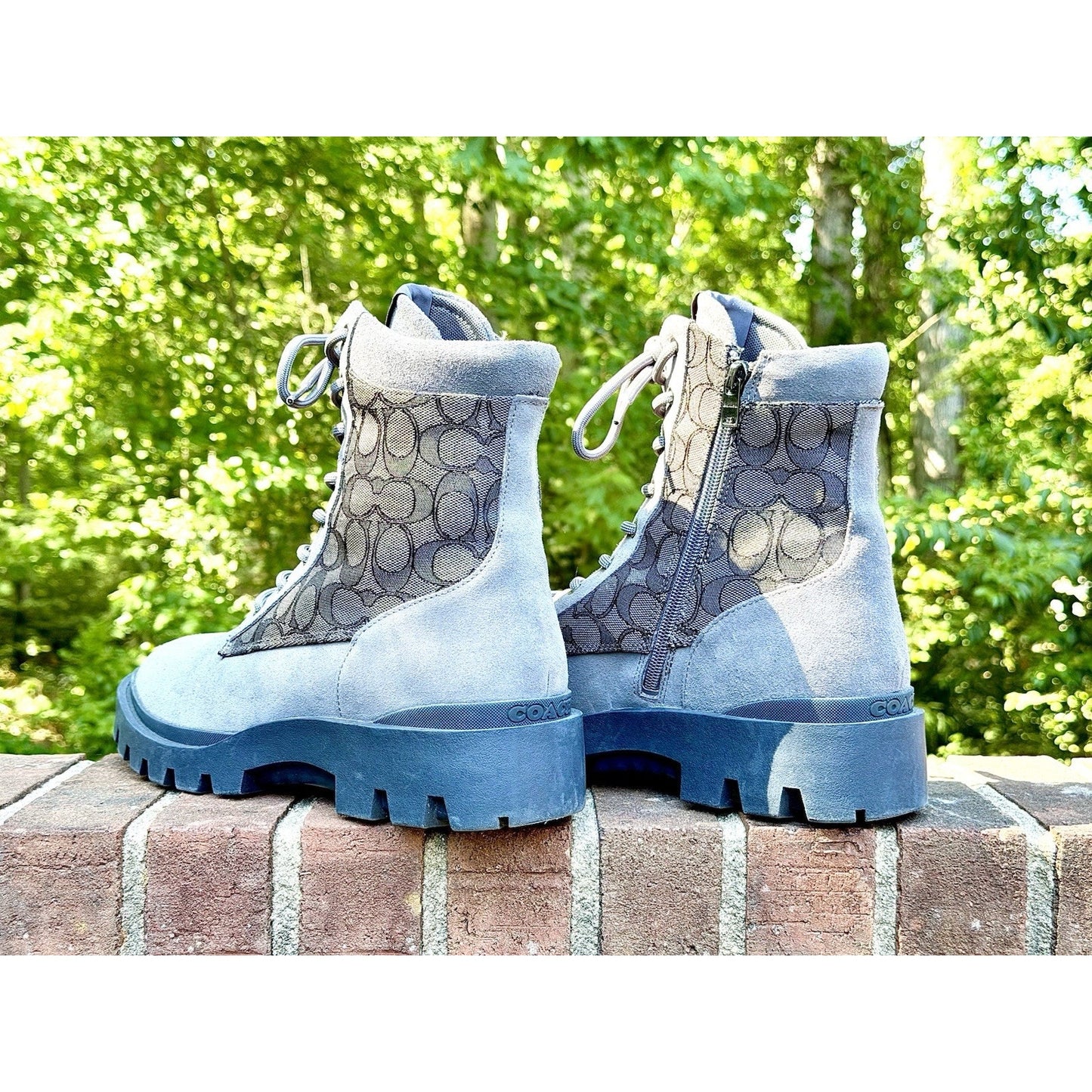Coach Men’s Blue Suede Signature Canvas Combat Boots Lace Up Side Zip Size 12