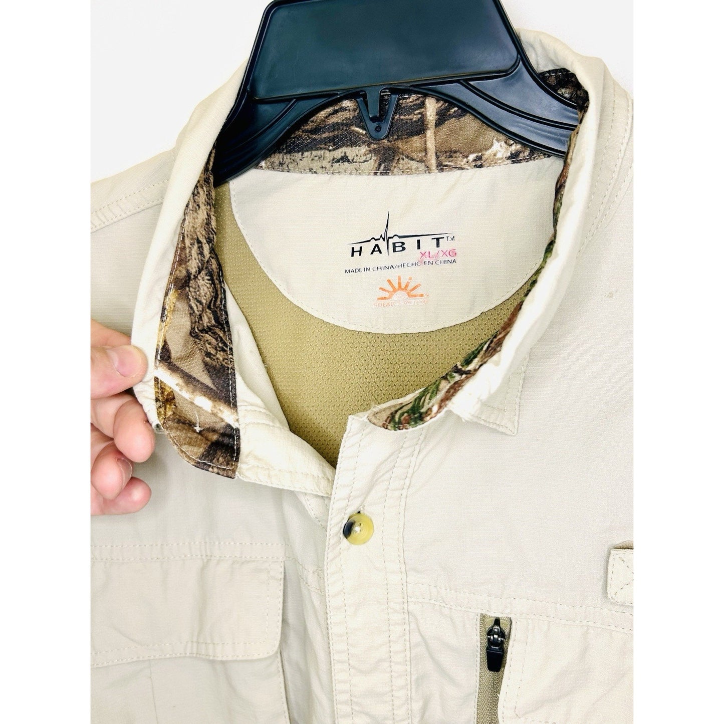 Habit Solar 30+ Factor Beige Realtree Button Up Fishing Men's Shirt 100% Nylon