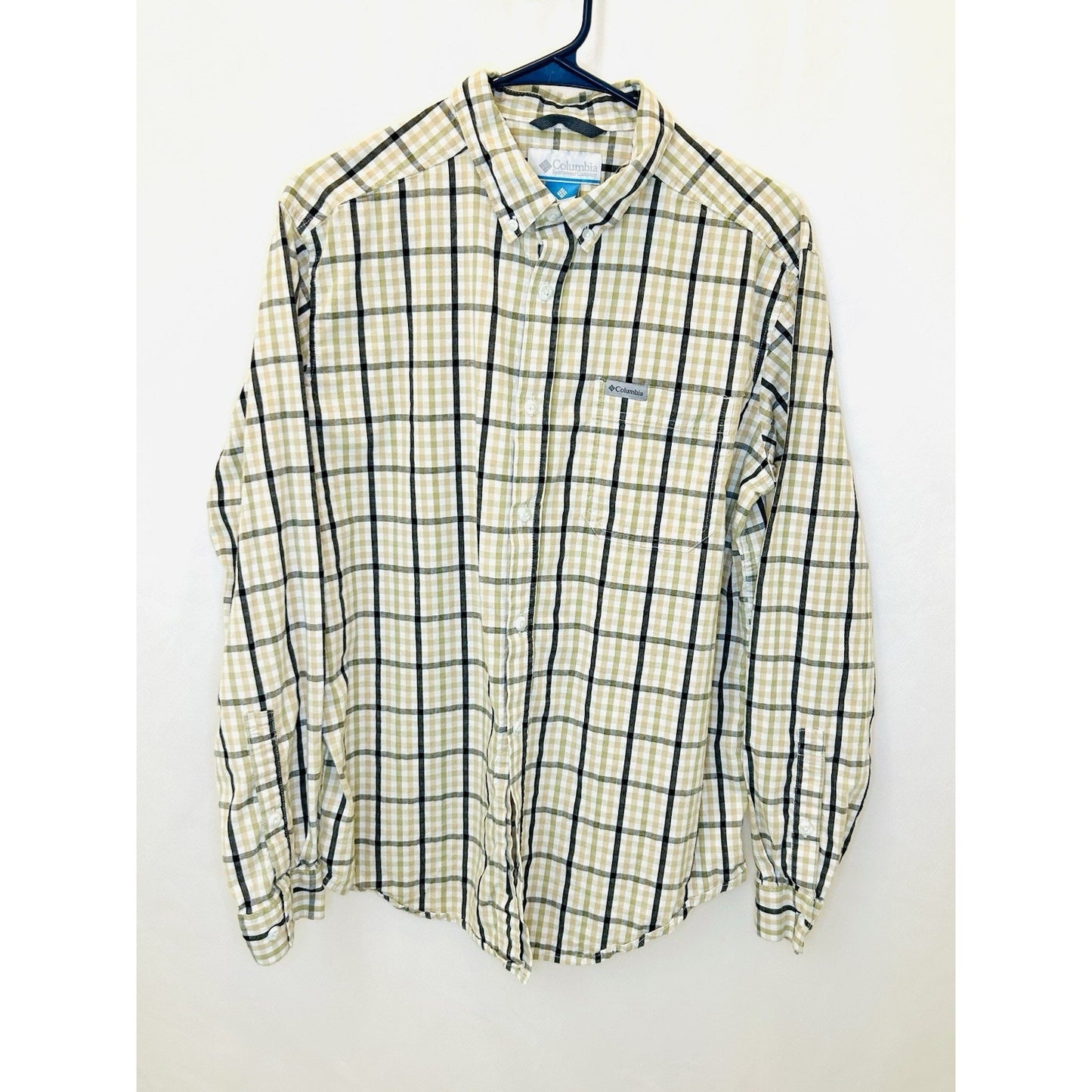 Columbia Plaid Button Up Shirt Long Sleeve Outdoor Casual Yellow White Medium