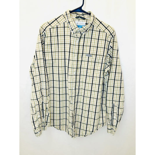 Columbia Plaid Button Up Shirt Long Sleeve Outdoor Casual Yellow White Medium