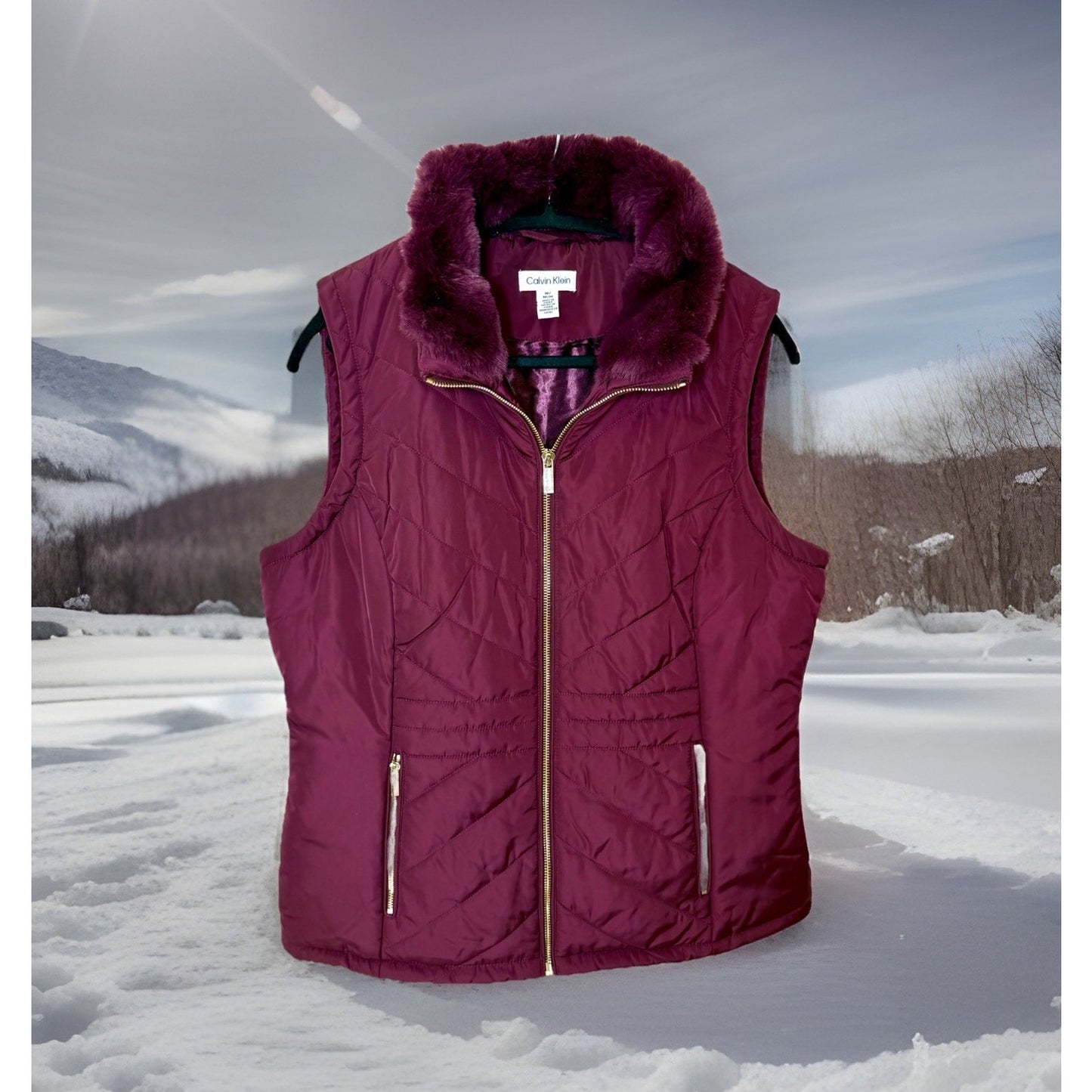 Calvin Klein Burgundy Puffer Vest Zip Front Zip Pockets Polyester Size Medium