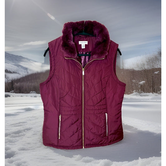 Calvin Klein Burgundy Puffer Vest Zip Front Zip Pockets Polyester Size Medium