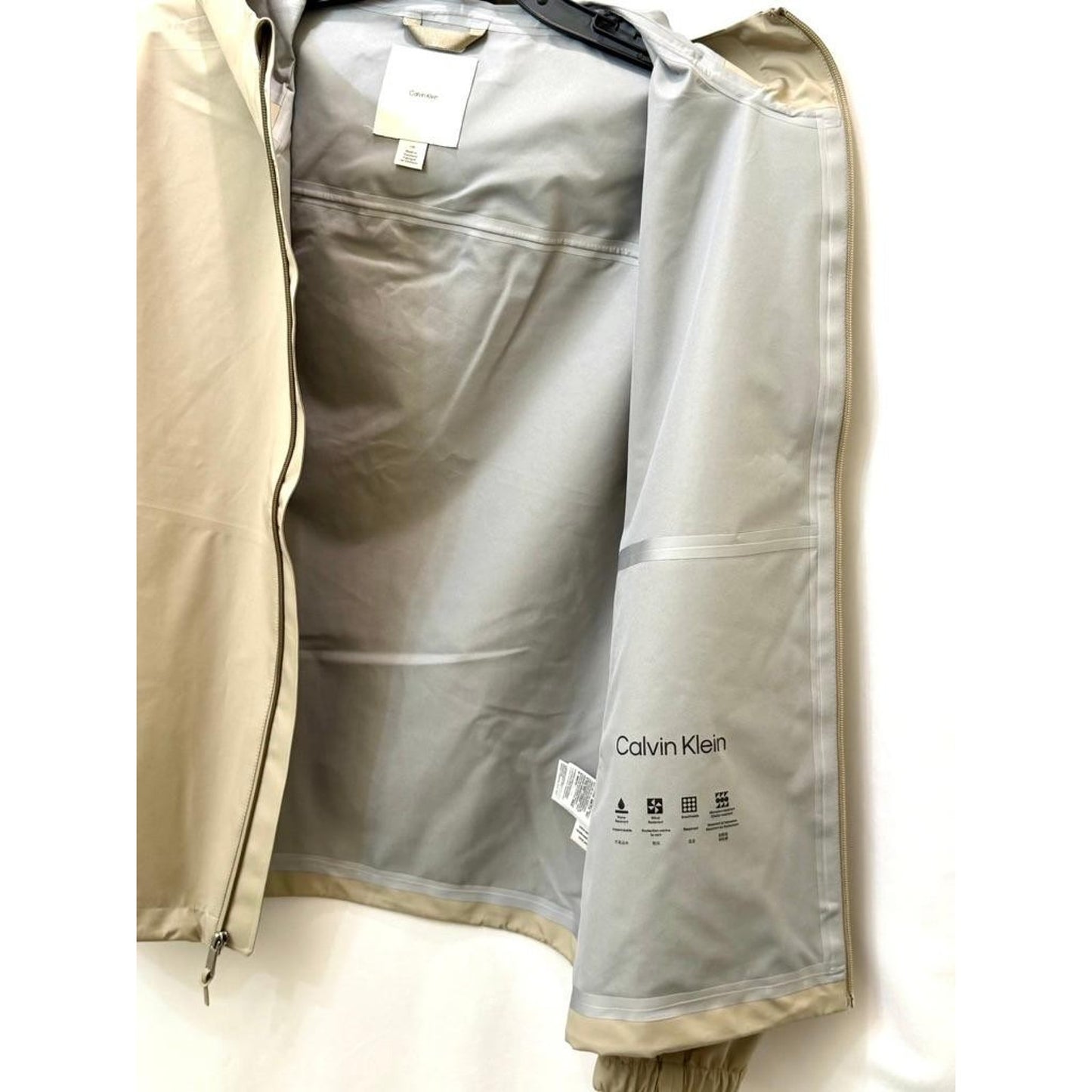Calvin Klein Mens Large Beige Hooded Windbreaker Jacket Water Resistant Full Zip
