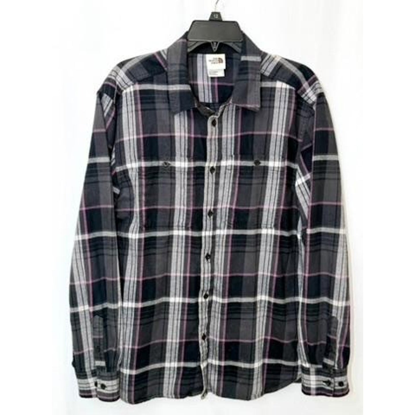 The North Face Flannel Shirt Mens Large Gray Pink Plaid Cotton Long Sleeve