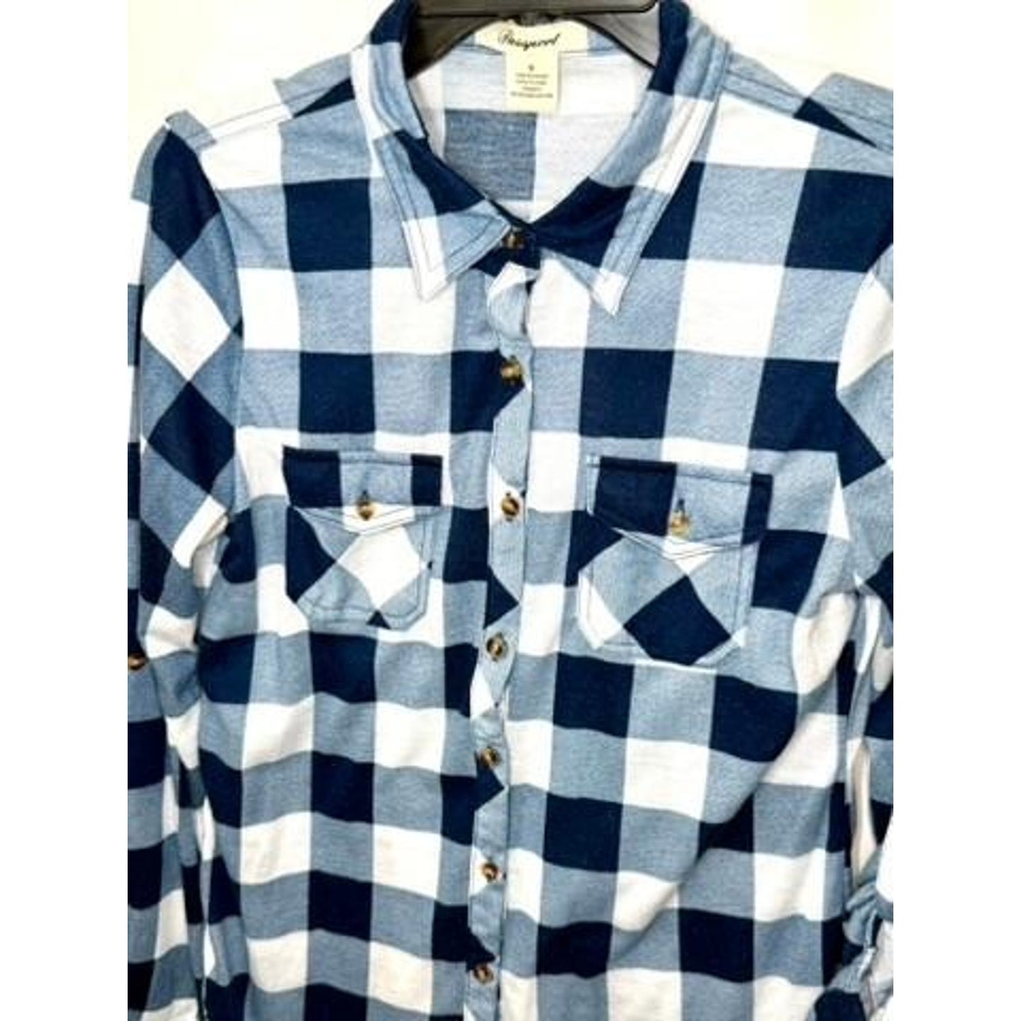 Passport Women Plaid Button Up Shirt Size M Blue White Buffalo Check Roll Tab