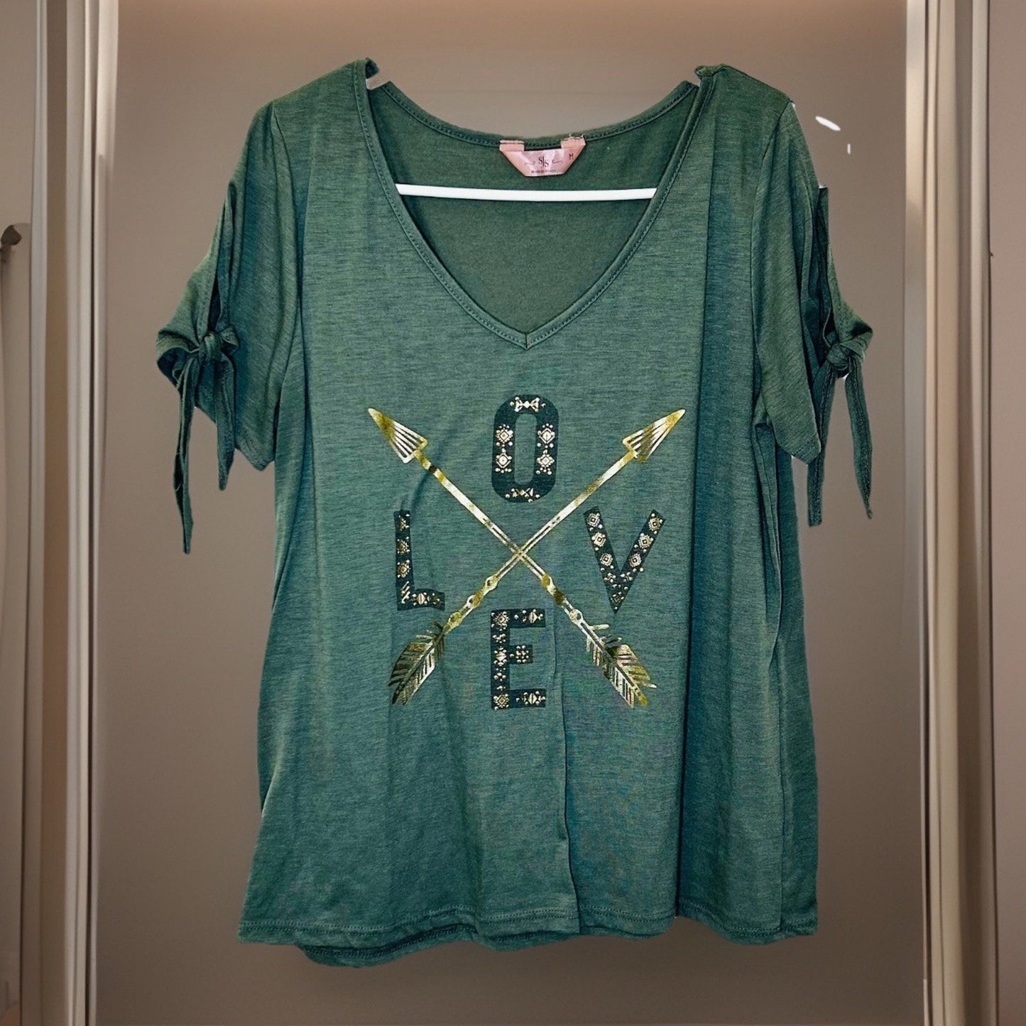 SJS Top Women’s Medium Short Sleeve Green Pullover Cool Shoulder Casual Preppy