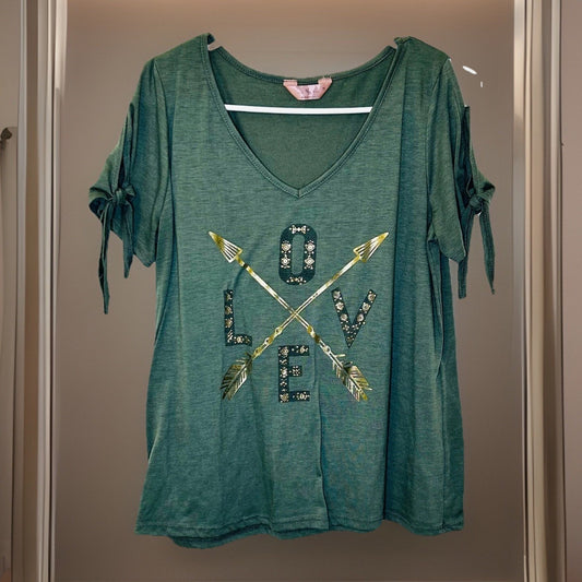 SJS Top Women’s Medium Short Sleeve Green Pullover Cool Shoulder Casual Preppy