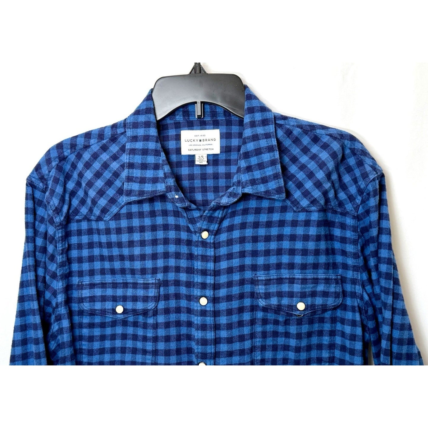 Lucky Brand Saturday Stretch Blue Plaid Men’s Large Pearl Snap Flannel Shirt