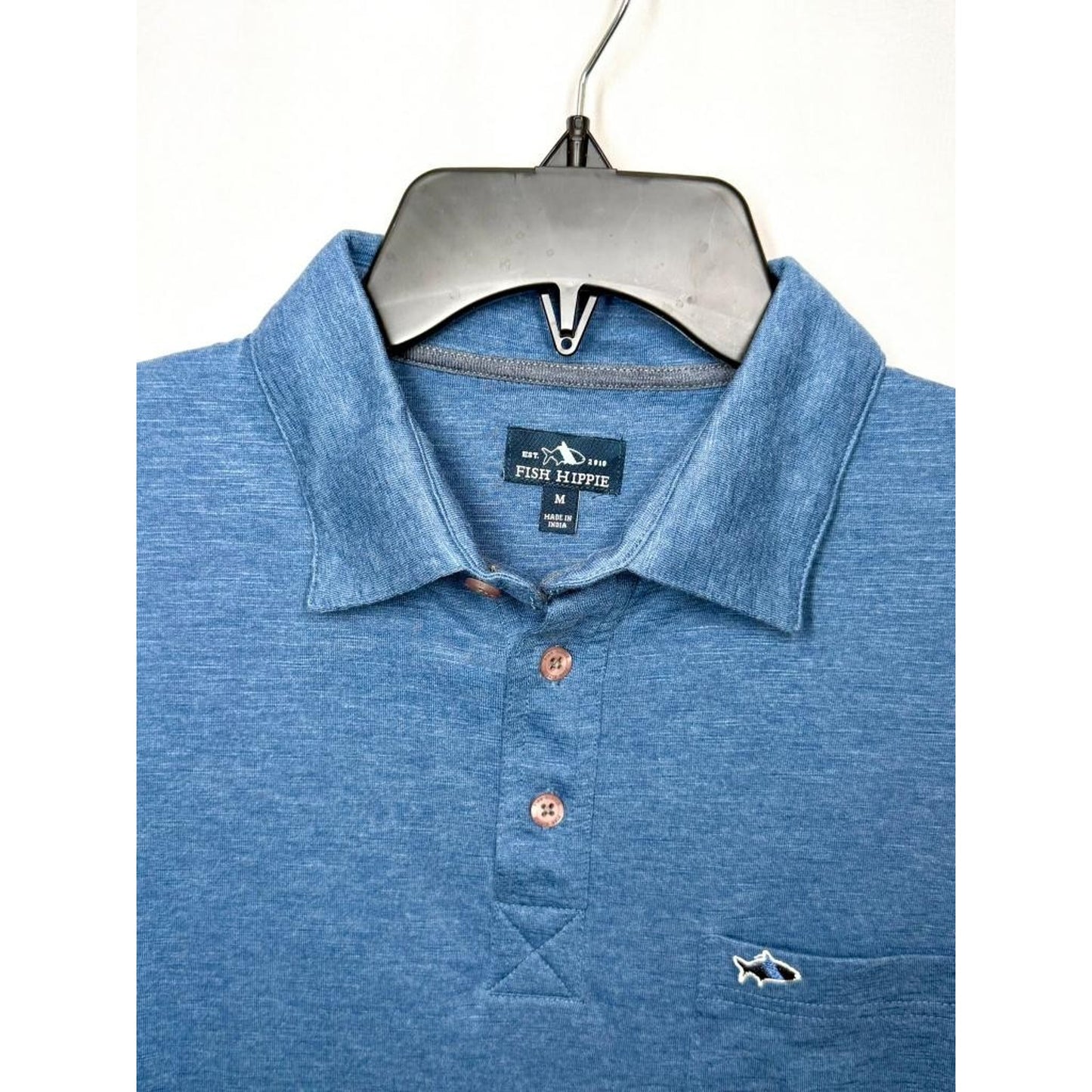 Fish Hippie Polo Shirt Mens Medium Blue Long Sleeve Cotton Blend Pocket