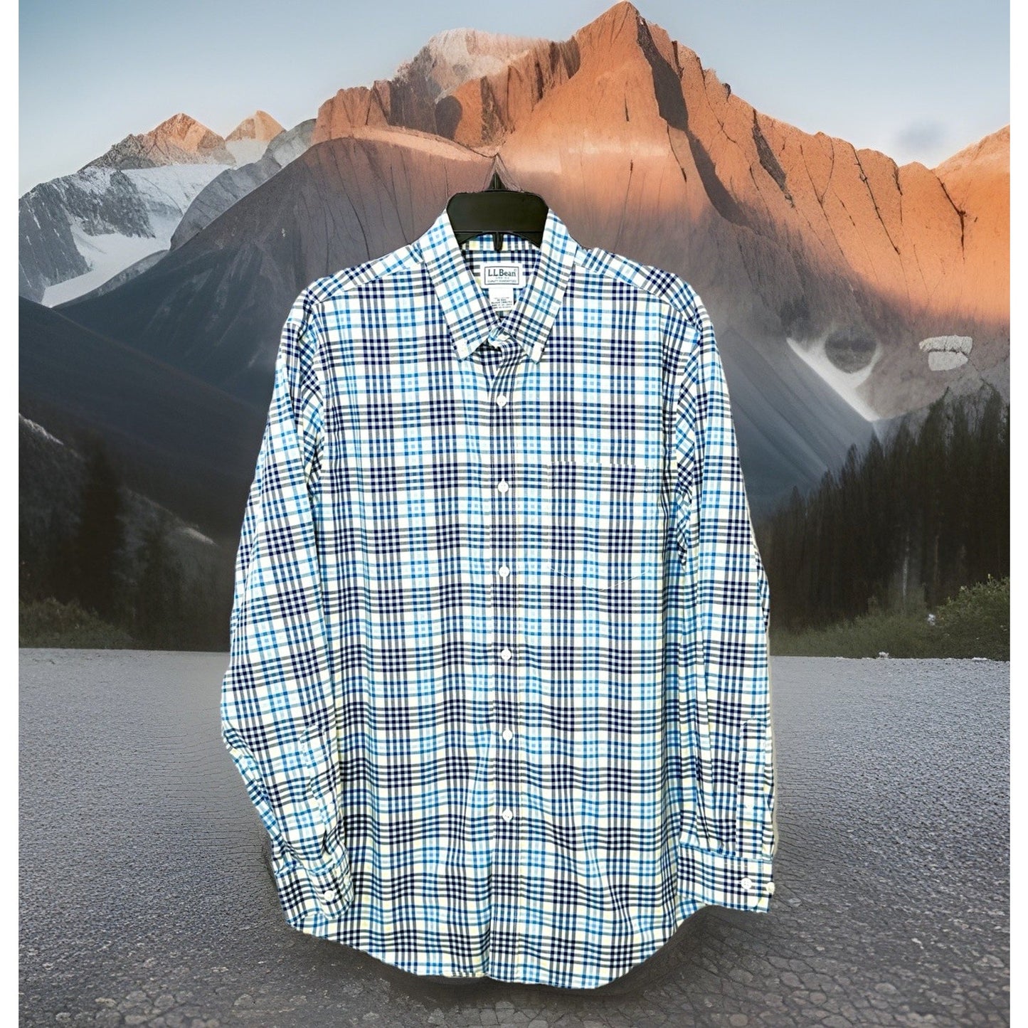 LL Bean Shirt Mens Medium White Blue Yellow Plaid Button Up Long Sleeve Cotton