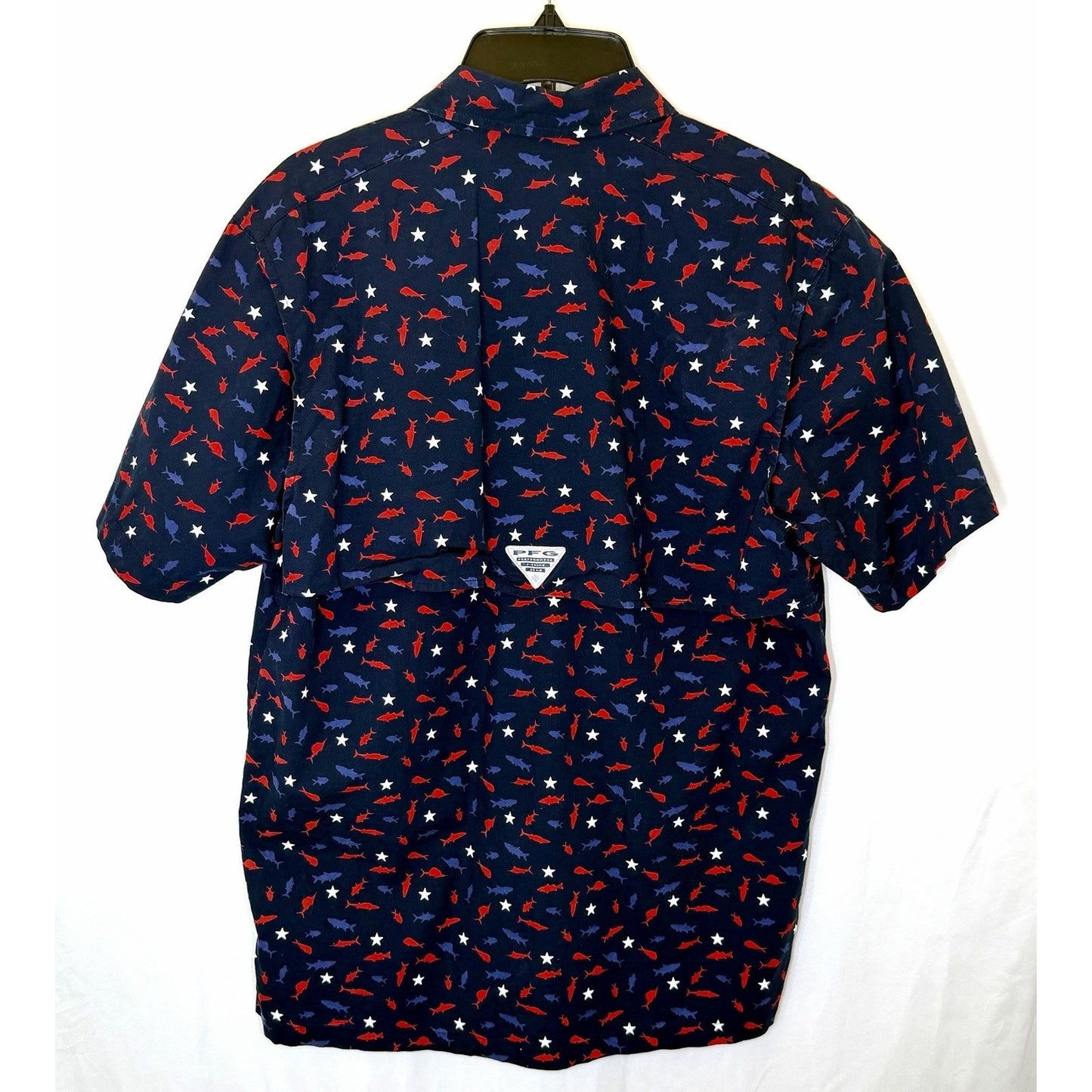 Columbia PFG Fish All OverShort Sleeve Button Front Shirt Men's Small Blue