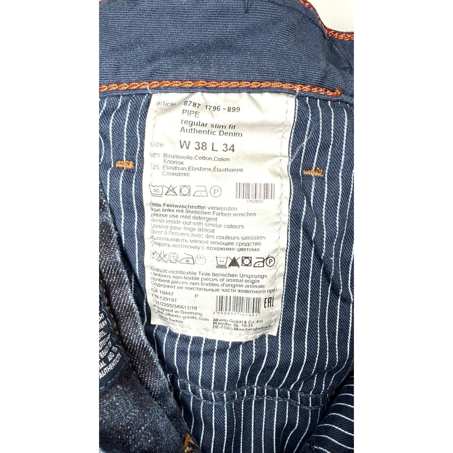 Alberto Pipe Regular Slim Fit Denim Blue Dark Wash 38x30 (Tag 38x34) $245 Retail