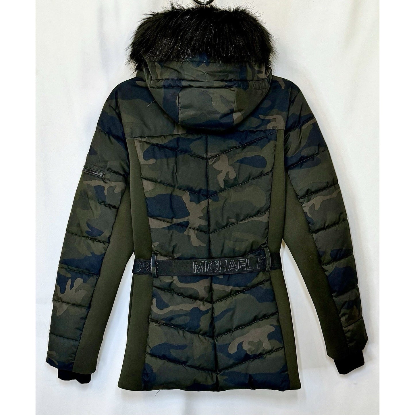 Michael Kors Camo Puffer Faux Fur Trim Hooded Coat Jacket Belted Size Large NWOT