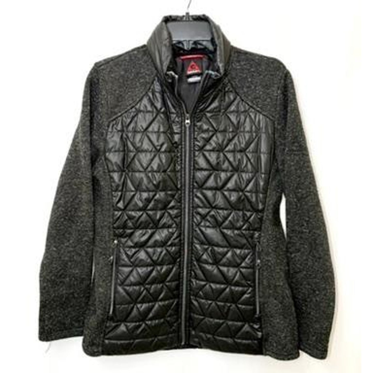 Gerry Womens Quilted Hybrid Jacket Large Black Gray Full Zip Hooded Fleece