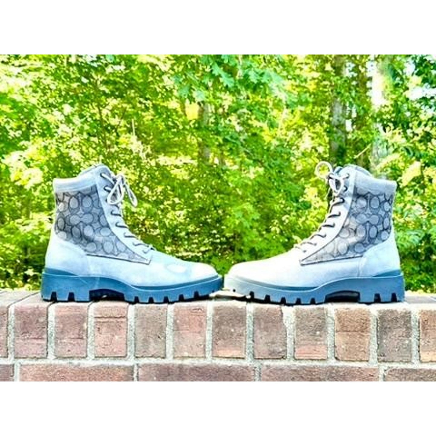 Coach Women Blue Suede Signature Canvas Combat Boots Lace Up Side Zip Lug Sole