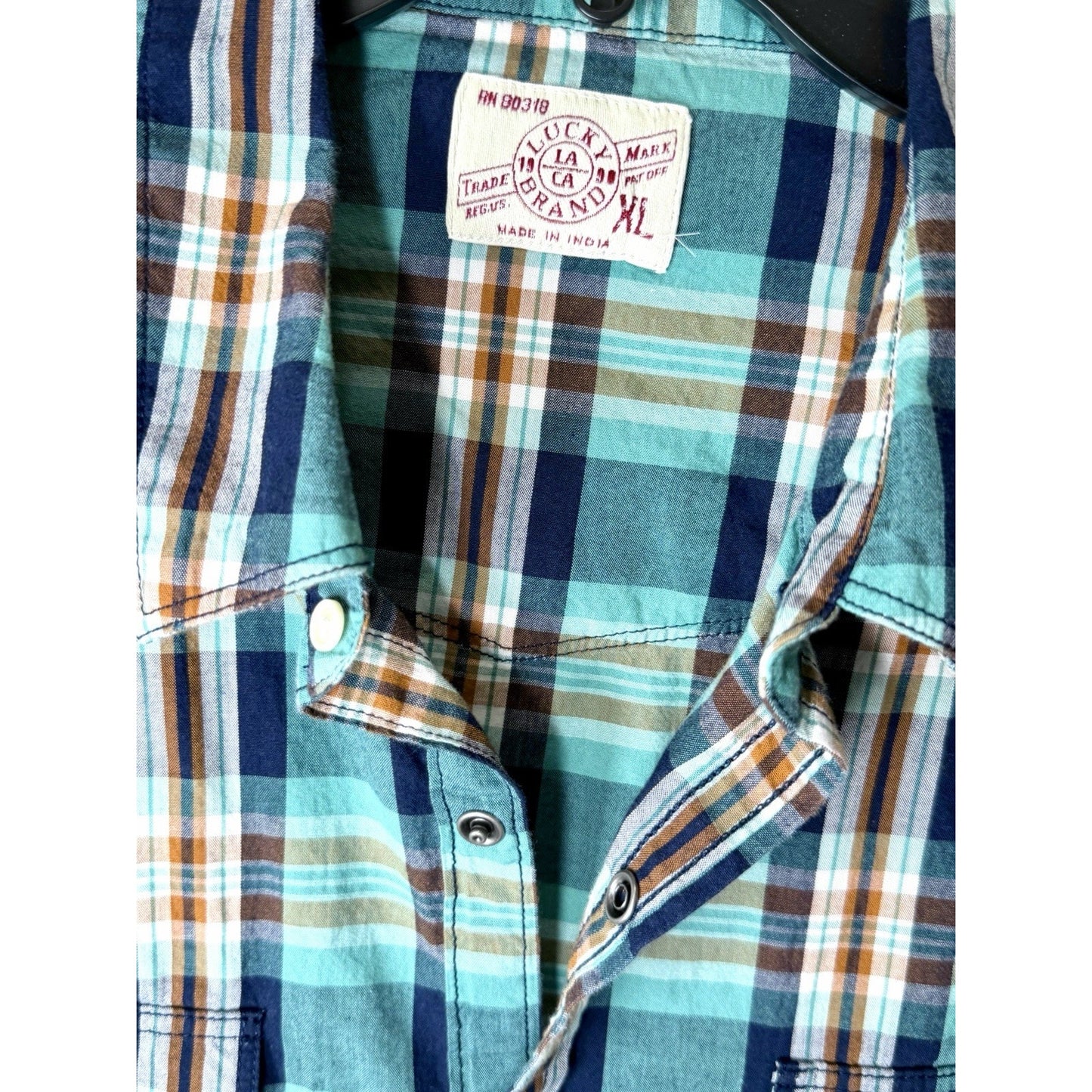 Lucky Brand Men’s XL Western Pearl Snap Shirt Plaid Green Teal Flannel EUC