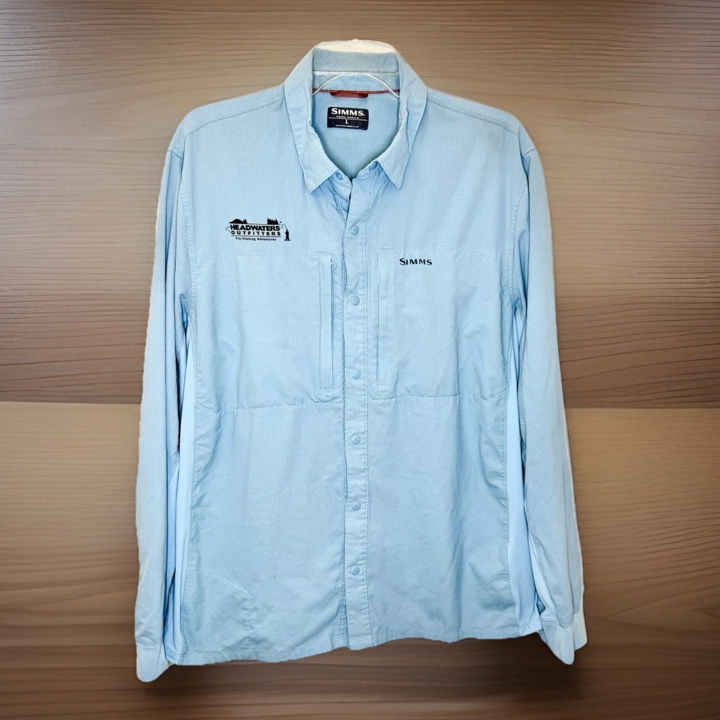 Simms Headwaters Double Haul Fishing Shirt Mens Size Large Light Blue Breathable