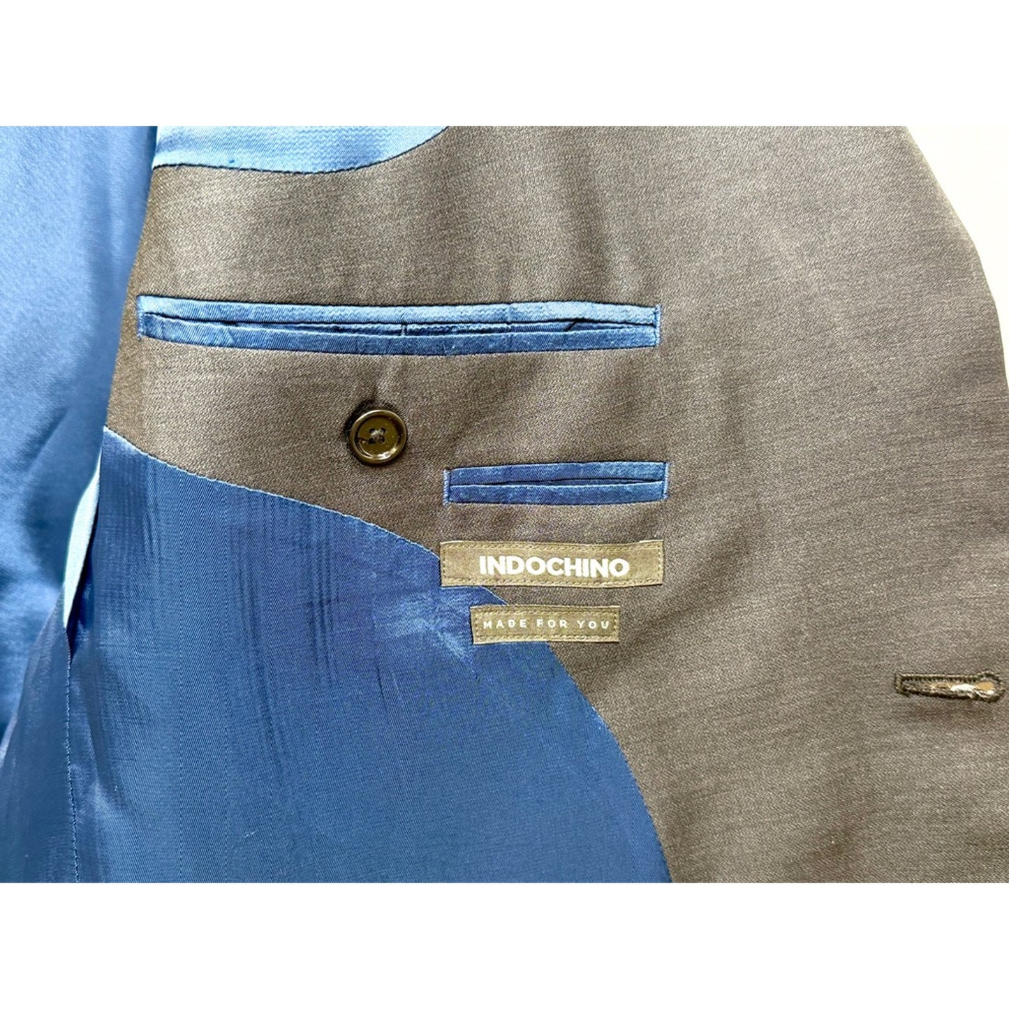Indochino Mens Custom Suit Jacket Blazer Gray Blue Lining Two Button