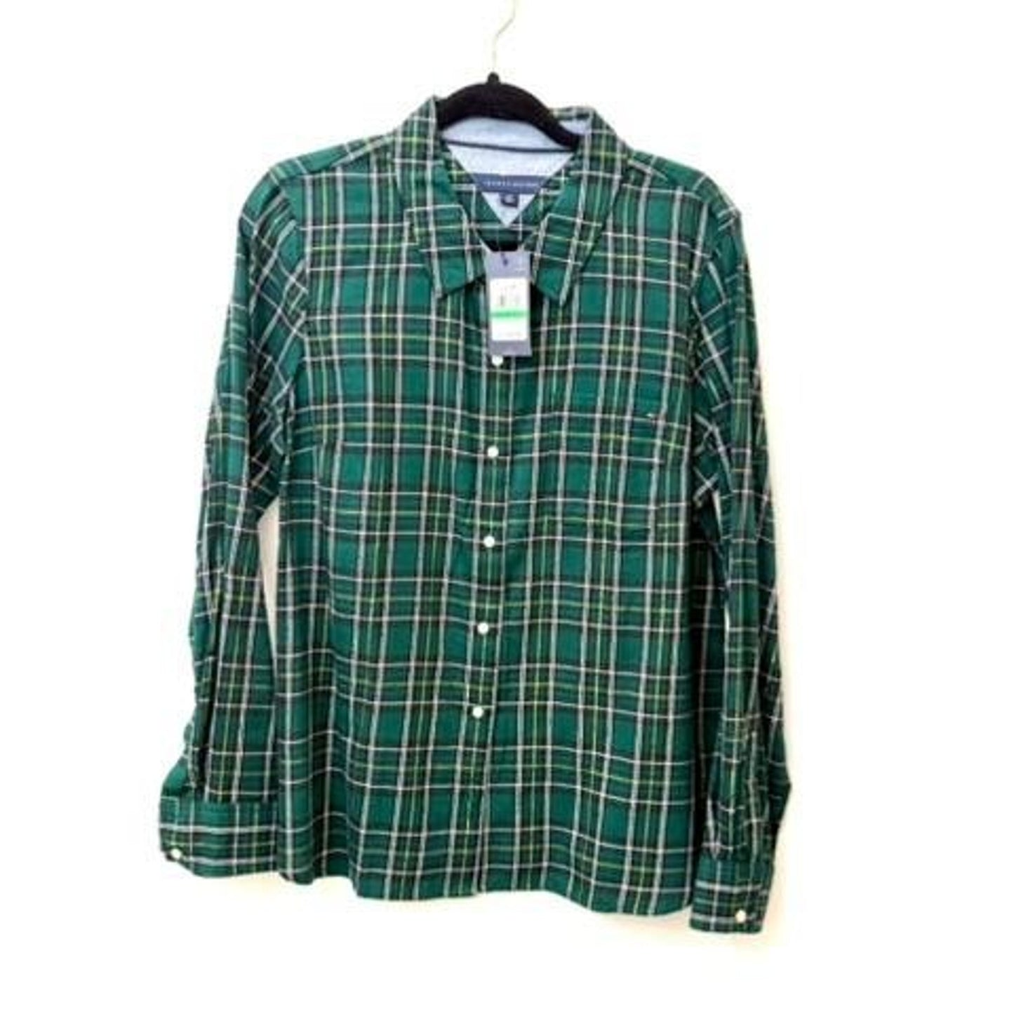 Tommy Hilfiger Plaid Button Up Shirt Womens Large Green Lurex Metallic NWT