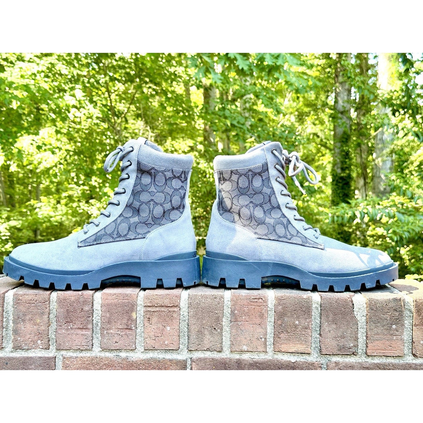 Coach Men’s Blue Suede Signature Canvas Combat Boots Lace Up Side Zip Size 12