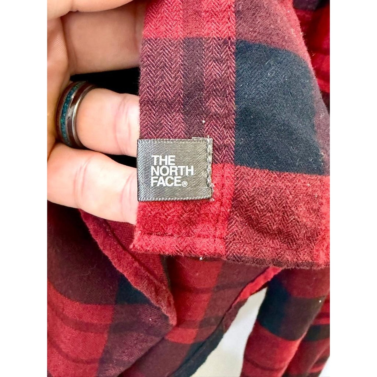 The North Face Flannel Shirt Womens Large Red Black Plaid Roll Tab Sleeve Cotton