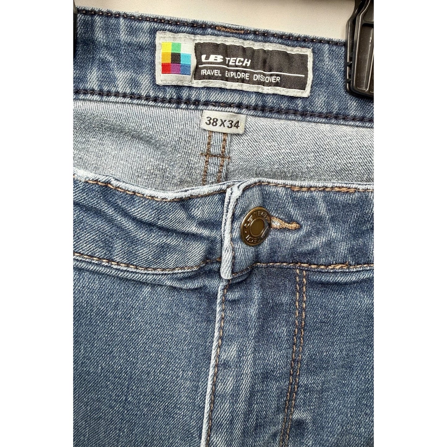 UB Tech Jeans Mens Travel Explore Discover Straight Stretch Denim Blue 38x32