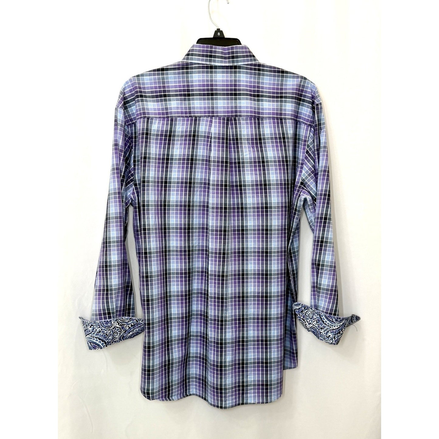 Alan Flusser Mens Medium M Purple Plaid Paisley Trim LS Button Front Sport Shirt
