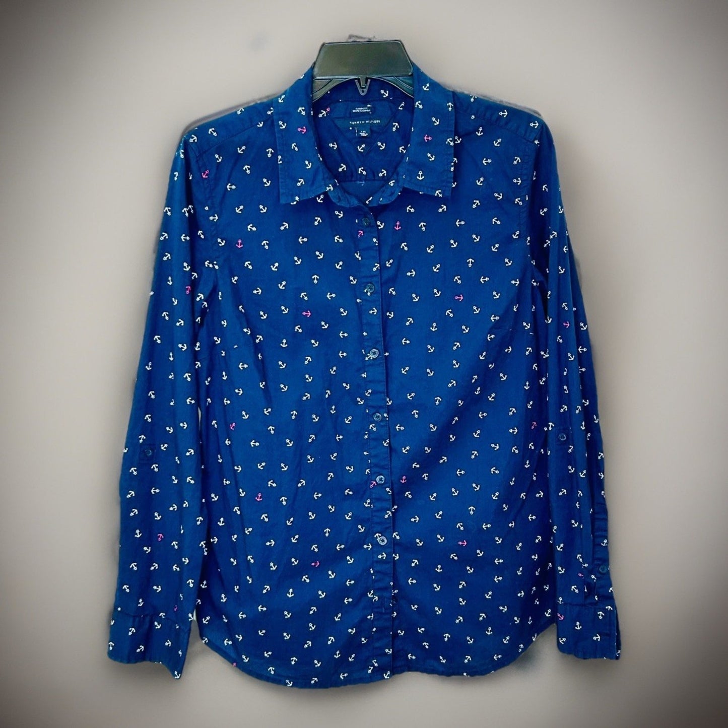 Tommy Hilfiger Women's Large Blue Button Up Shirt Anchor Print Top Long Sleeve