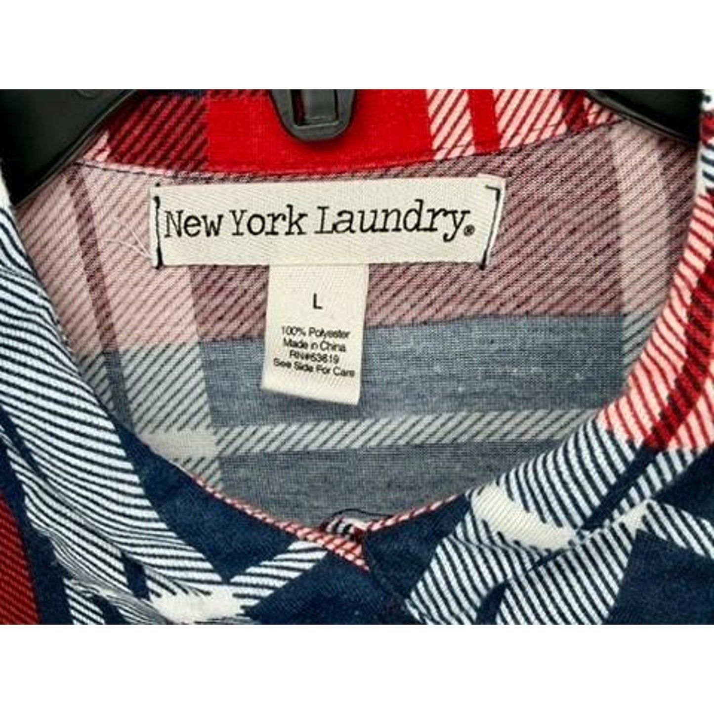 New York Laundry Plaid Button Up Shirt Womens Large Red Blue Roll Tab Sleeve
