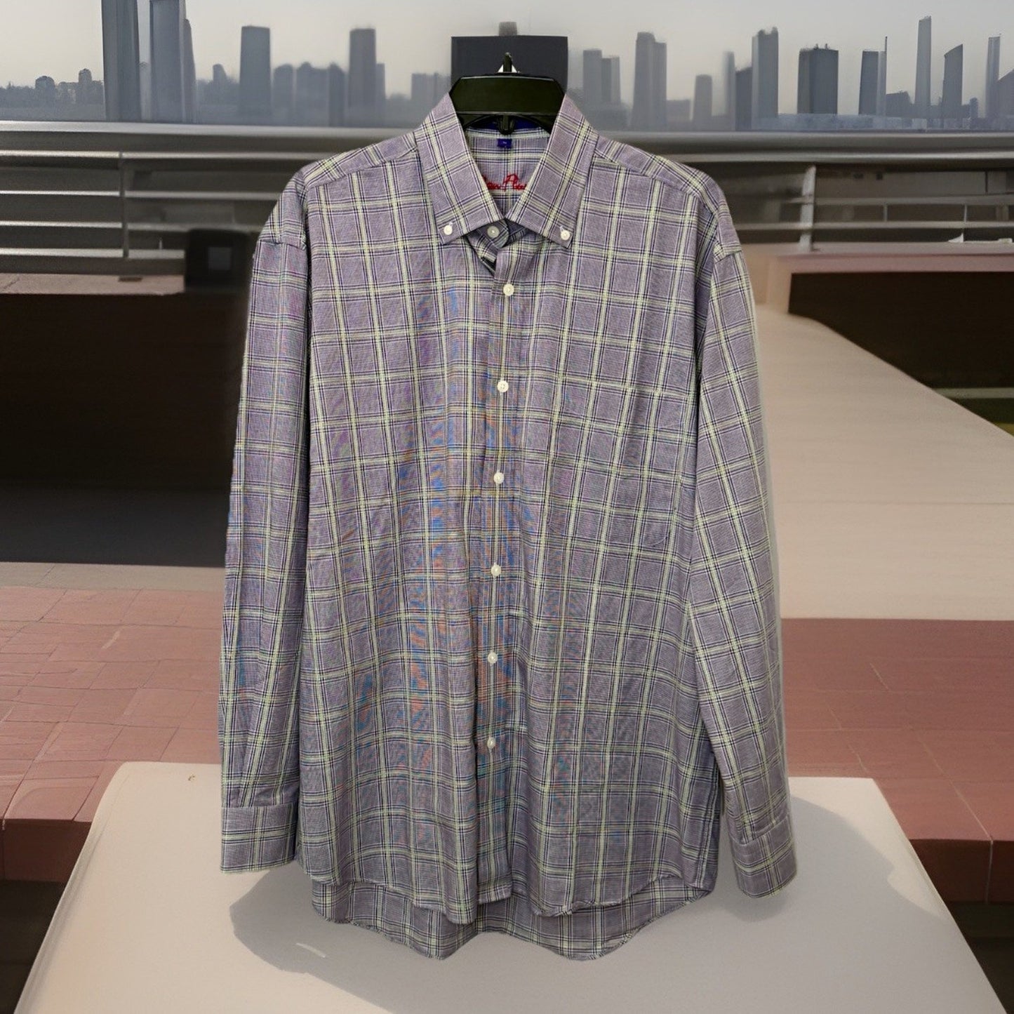 Alan Flusser Men's L Purple Lavender Plaid Check Button Up Long Sleeve Shirt