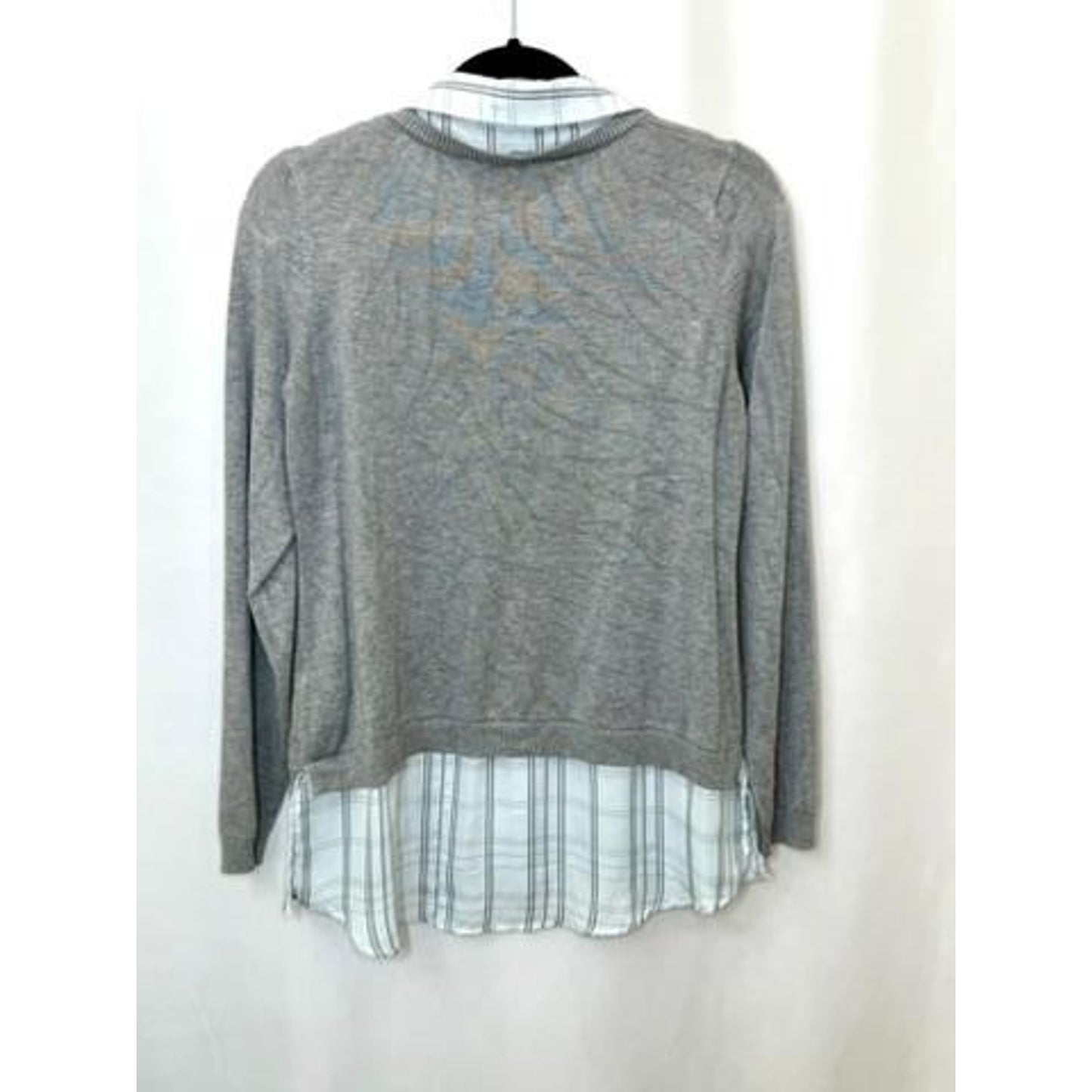 Adrianna Papell Layered Look Sweater Womens Medium Gray Knit Plaid Shirt Hem