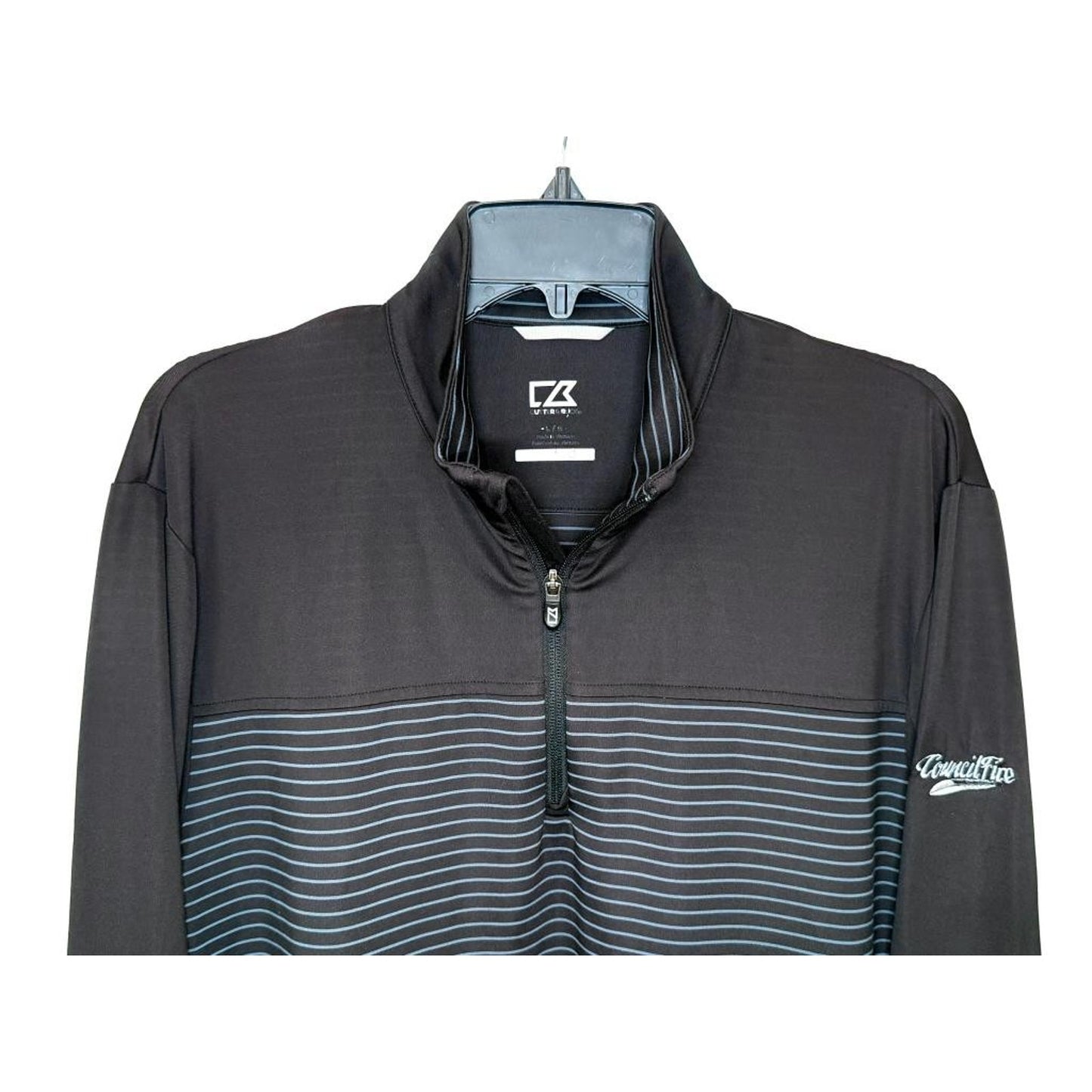 Cutter & Buck Mens Large CB DryTec 1/4 Zip Pullover Black Striped Golf Jacket