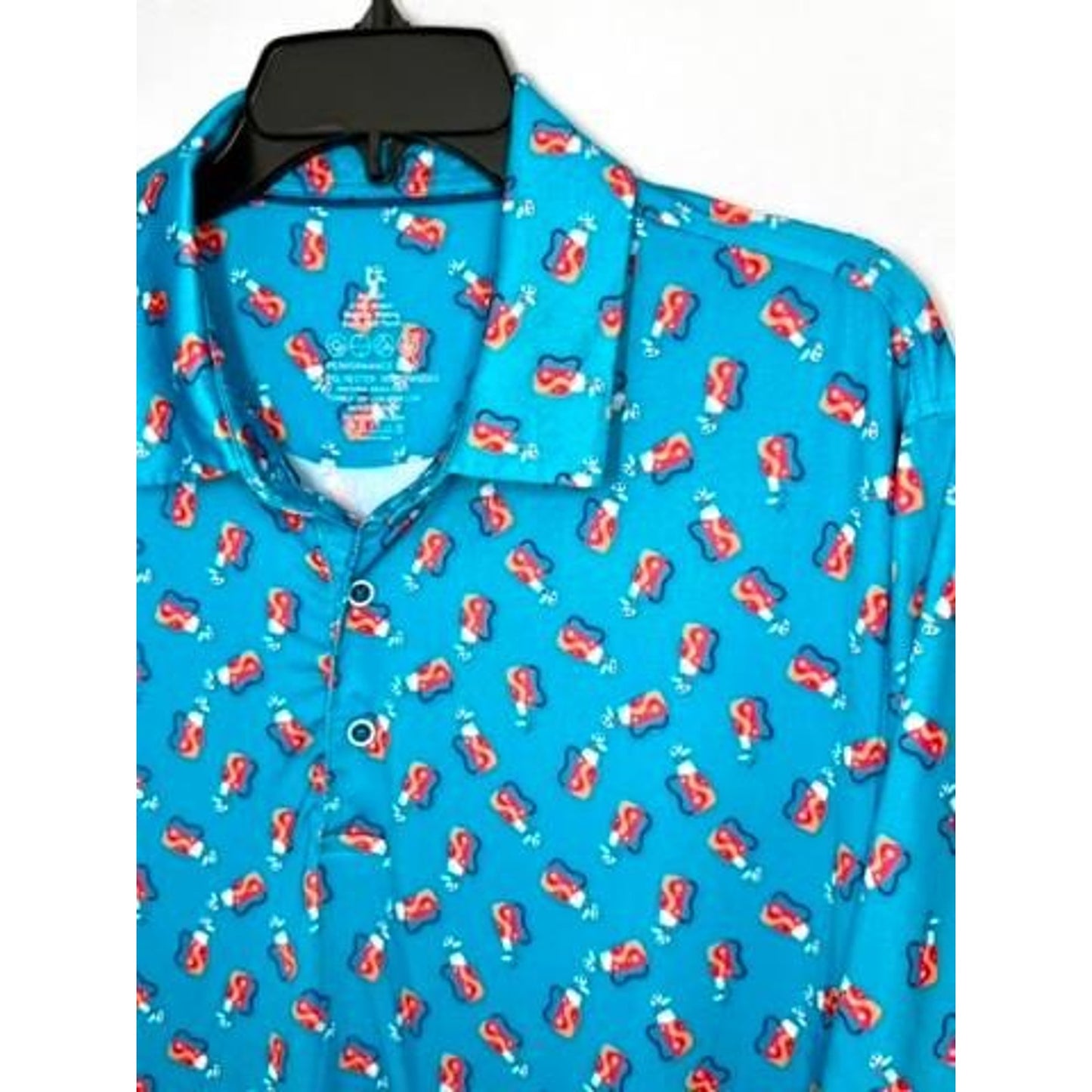 Proud 90 Golf Polo Shirt Mens Large Blue Golf Bag Print Performance Stretch