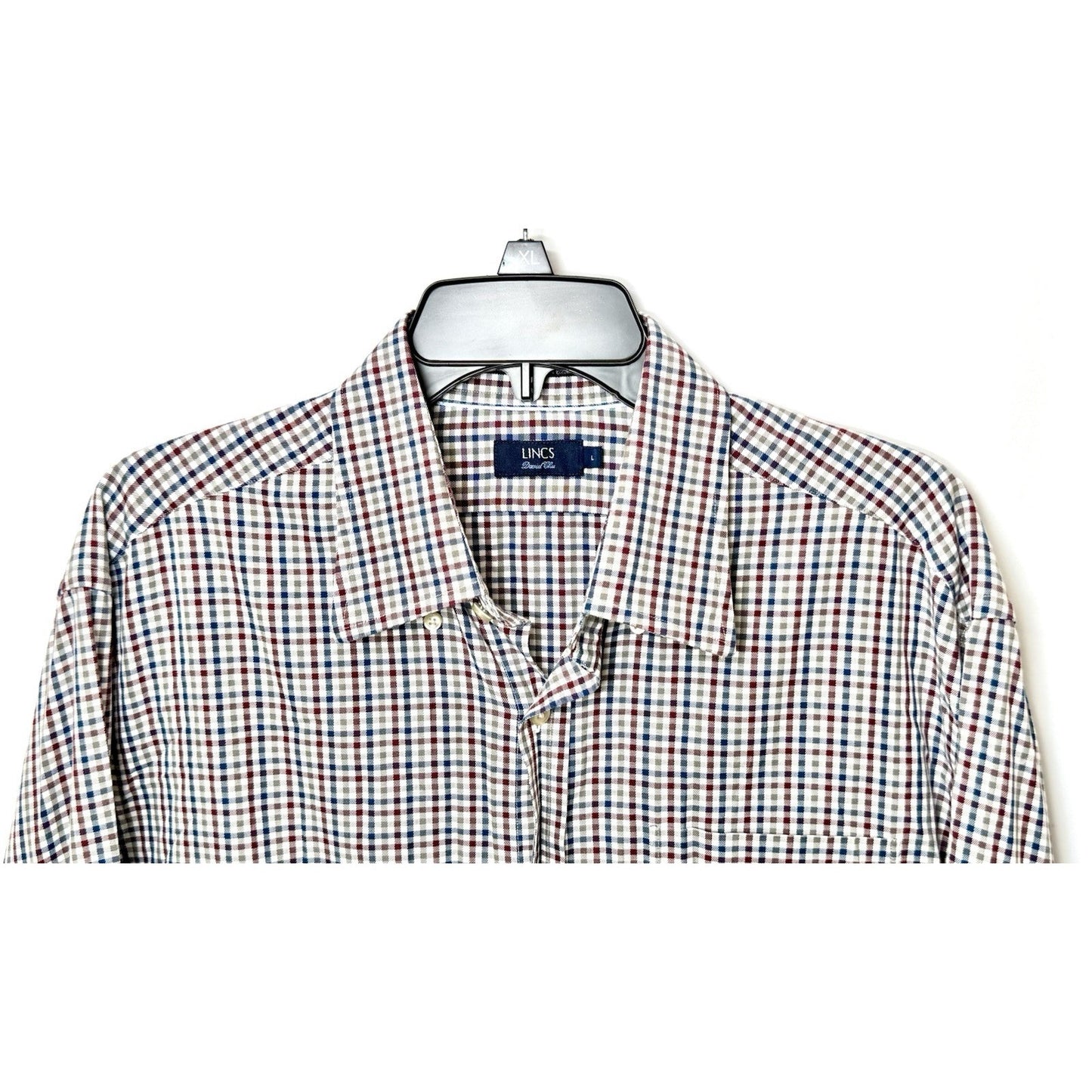 Lincs by David Chu Men’s Large L/S Button Down Shirt Red Blue Plaid Cotton