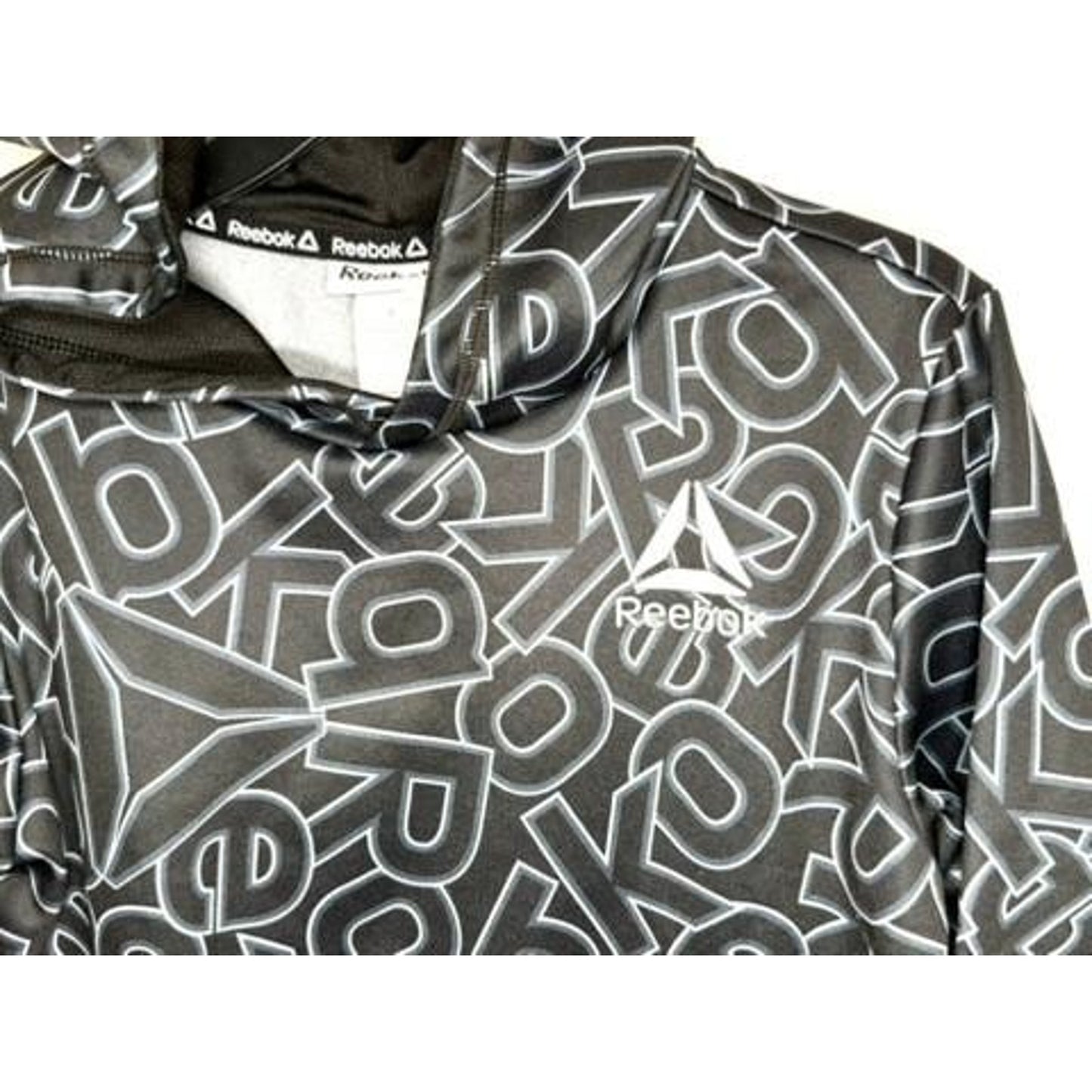 Reebok Boys Hoodie Sweatshirt Size 8 Medium Black Grey All Over Print Pullover