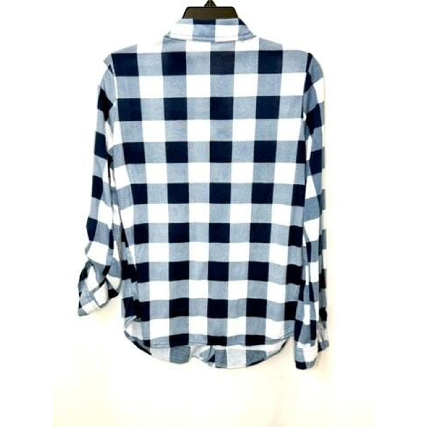 Passport Women Plaid Button Up Shirt Size M Blue White Buffalo Check Roll Tab