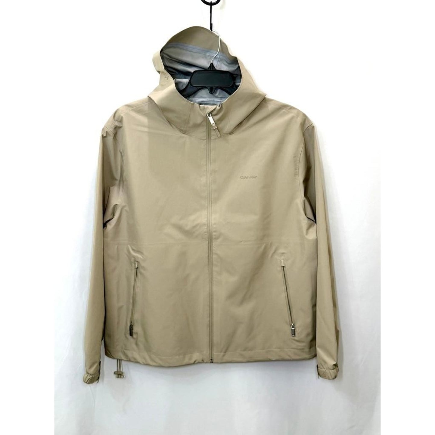 Calvin Klein Mens Large Beige Hooded Windbreaker Jacket Water Resistant Full Zip