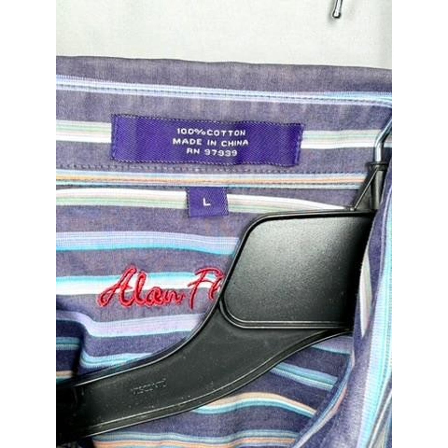 Alan Flusser Mens Large Blue Purple Striped Cotton Button Down Long Sleeve Shirt