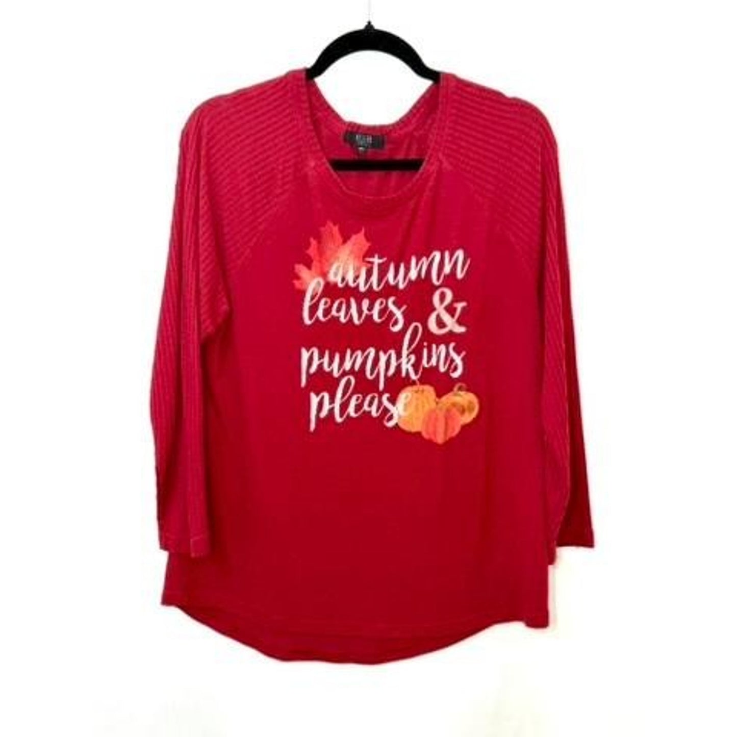 Modern Canvas Autumn Leaves Pumpkins Please Top Womens Large Red 3/4 Sleeve