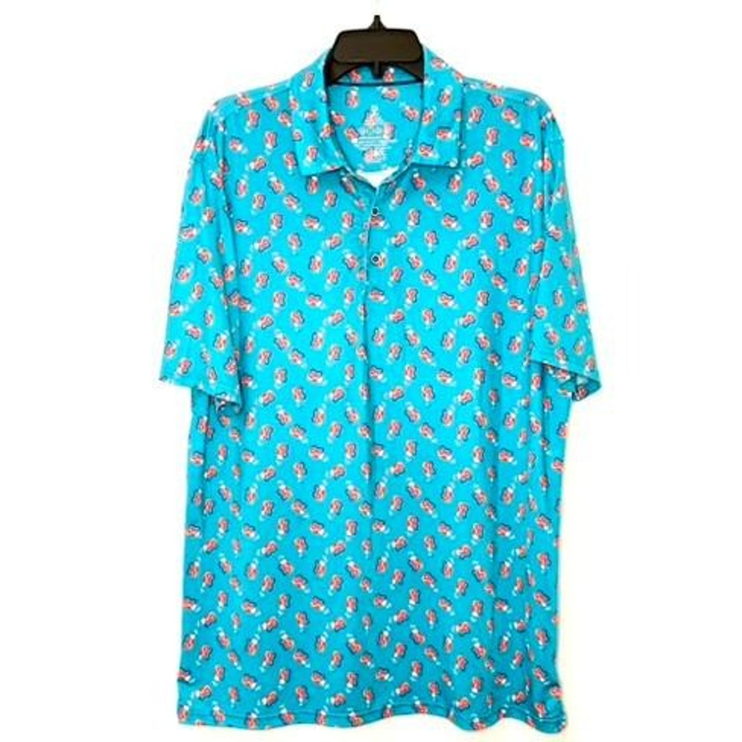 Proud 90 Golf Polo Shirt Mens Large Blue Golf Bag Print Performance Stretch