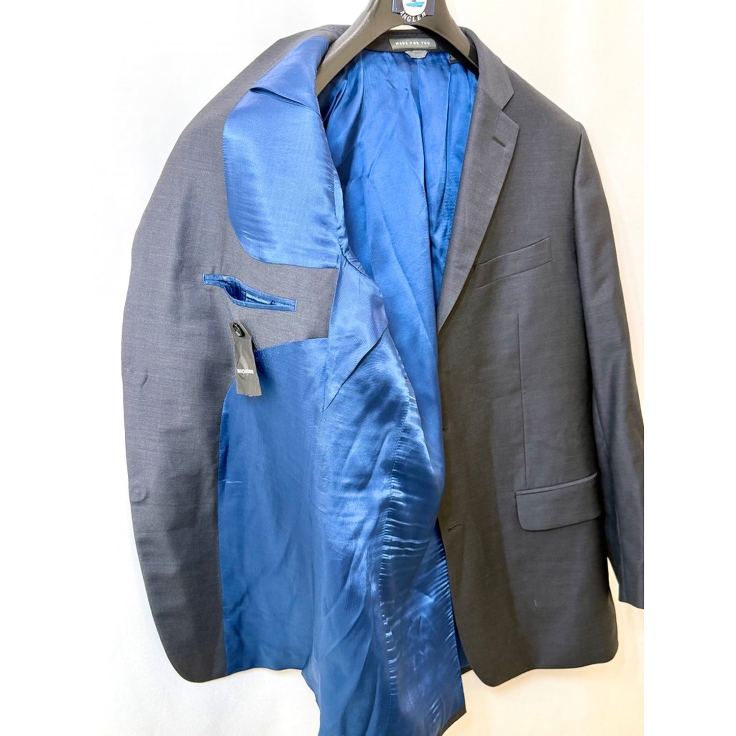 Indochino Mens Custom Suit Jacket Blazer Gray Blue Lining Two Button