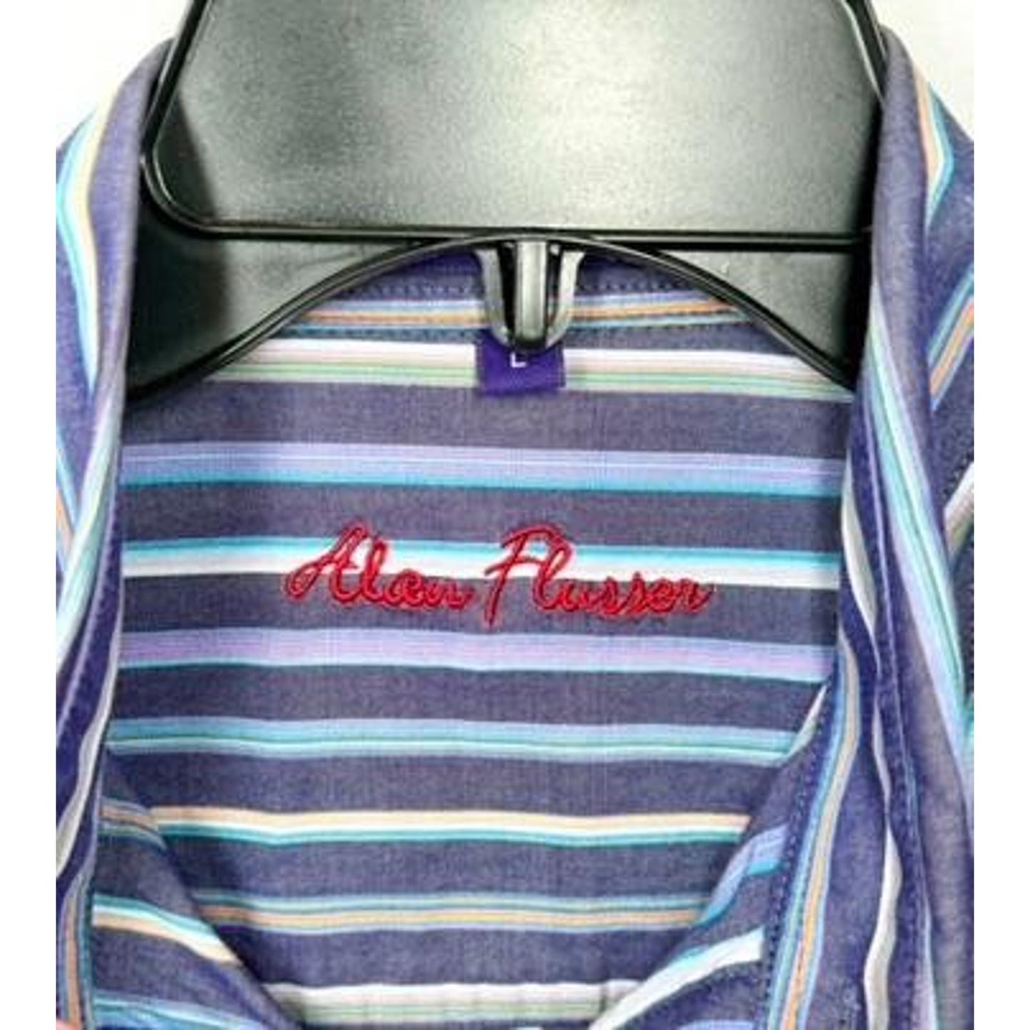 Alan Flusser Mens Large Blue Purple Striped Cotton Button Down Long Sleeve Shirt