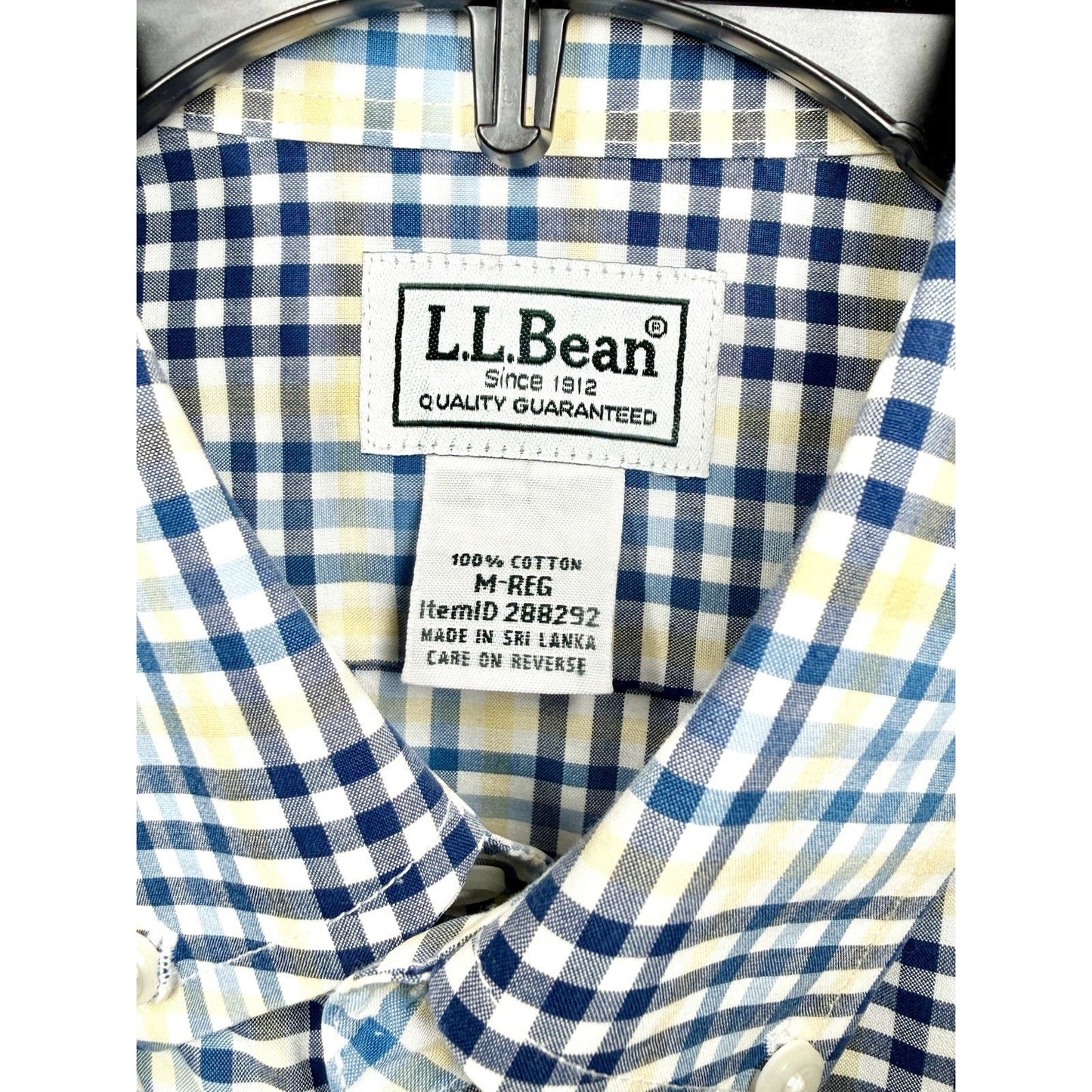 LL Bean Shirt Mens Medium White Blue Yellow Plaid Button Up Long Sleeve Cotton