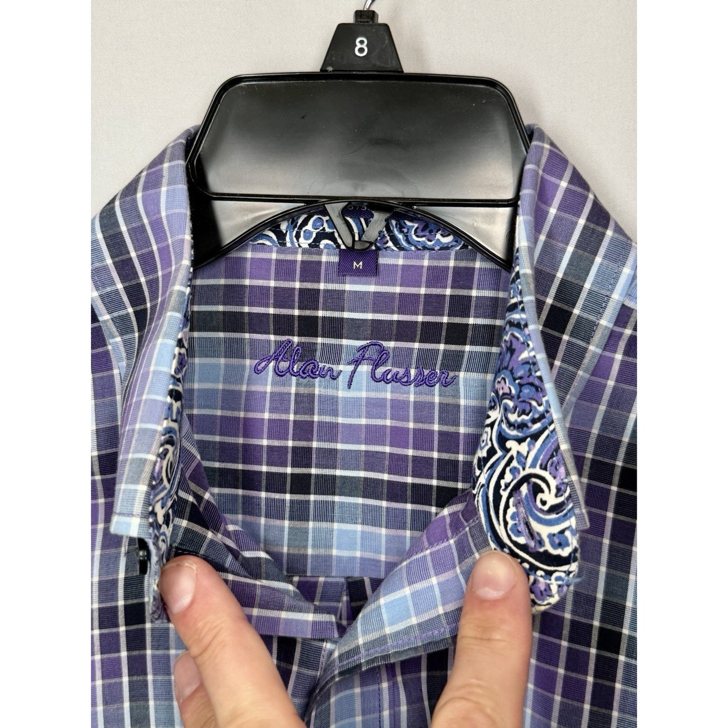 Alan Flusser Mens Medium M Purple Plaid Paisley Trim LS Button Front Sport Shirt