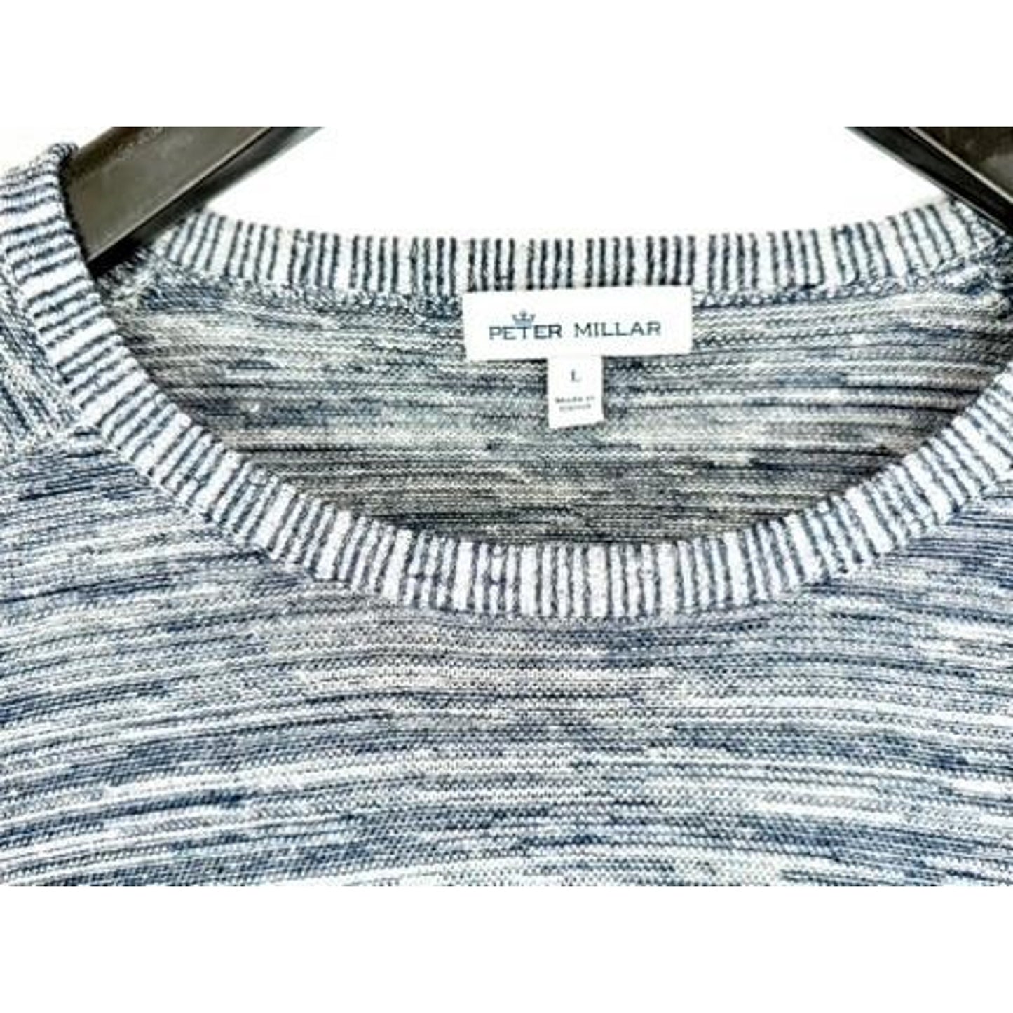 Peter Millar Crewneck Sweater Mens Large Blue Space Dye Merino Wool Linen Blend