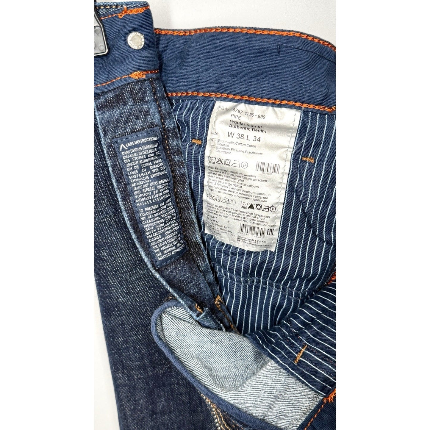 Alberto Pipe Regular Slim Fit Denim Blue Dark Wash 38x30 (Tag 38x34) $245 Retail