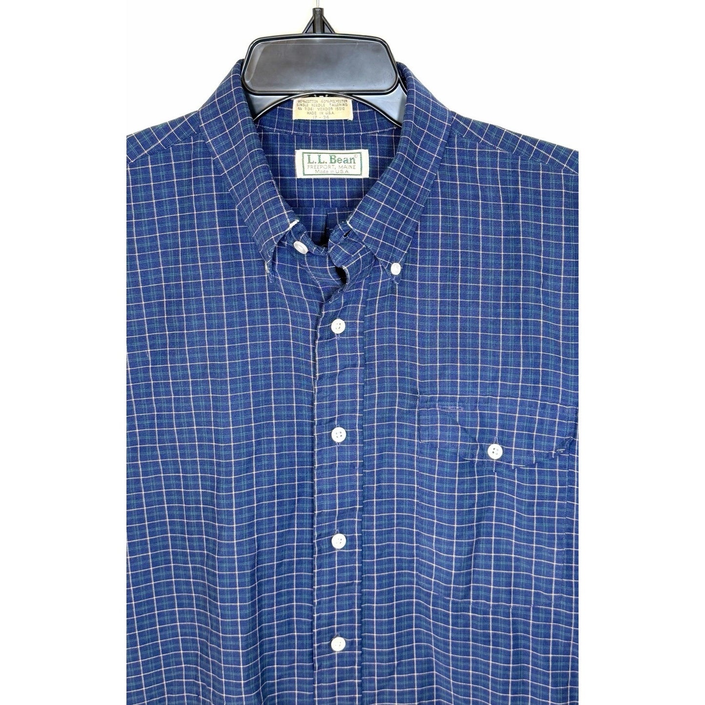 Vintage LL Bean Green and Navy Plaid Button Down Shirt Made in USA Men Sz 17-34